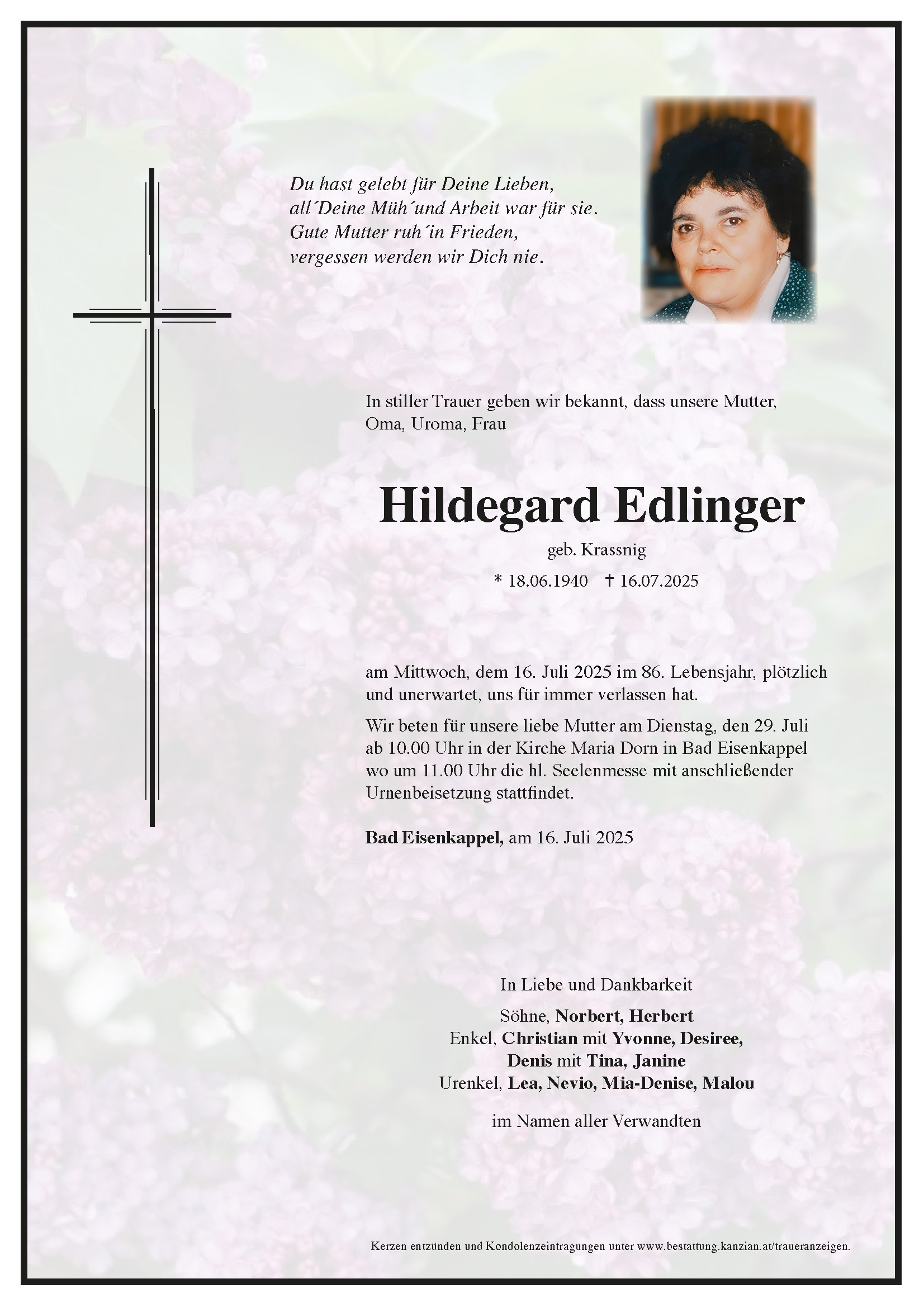 Traueranzeige von Hildegard Edlinger