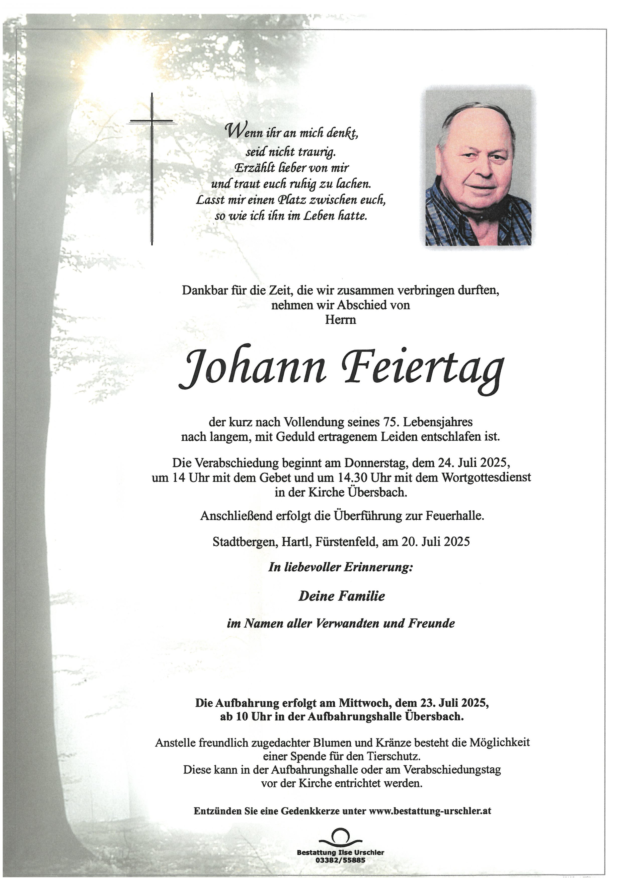 Traueranzeige von Johann Feiertag