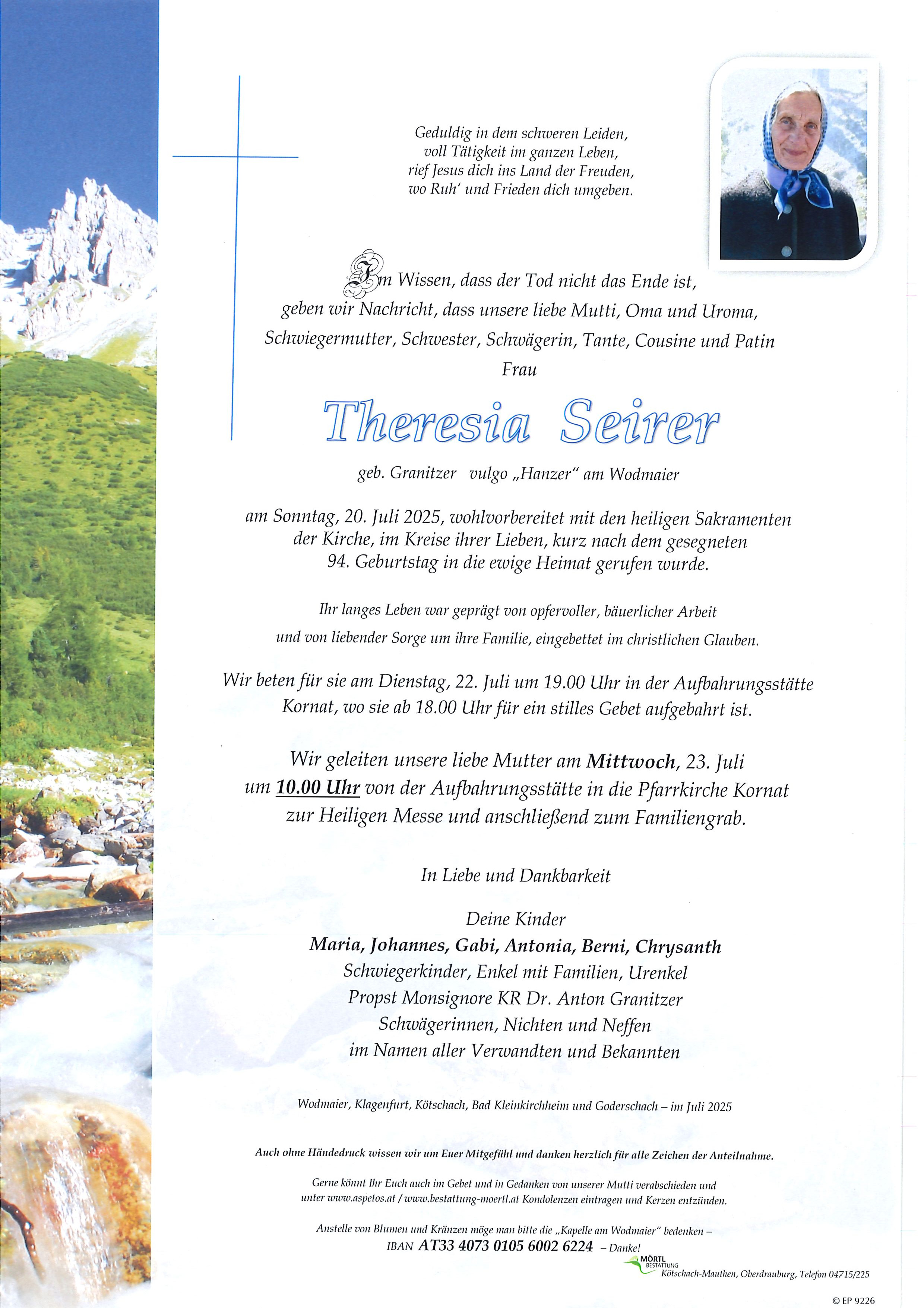 Traueranzeige von Theresia Seirer