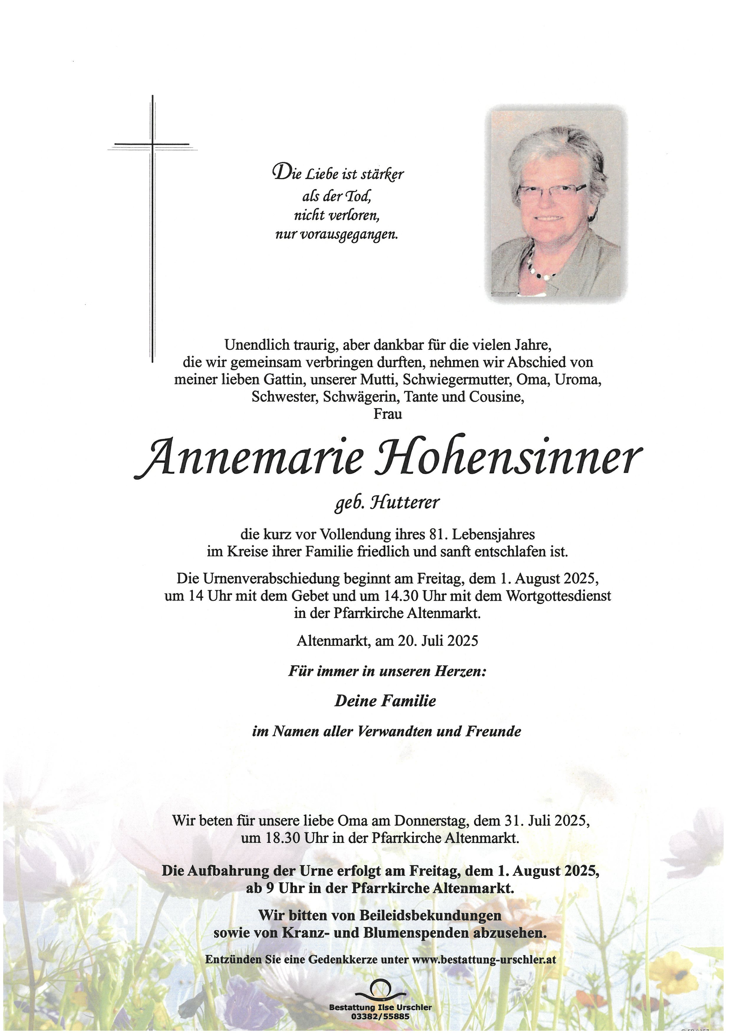 Traueranzeige von Annemarie Hohensinner