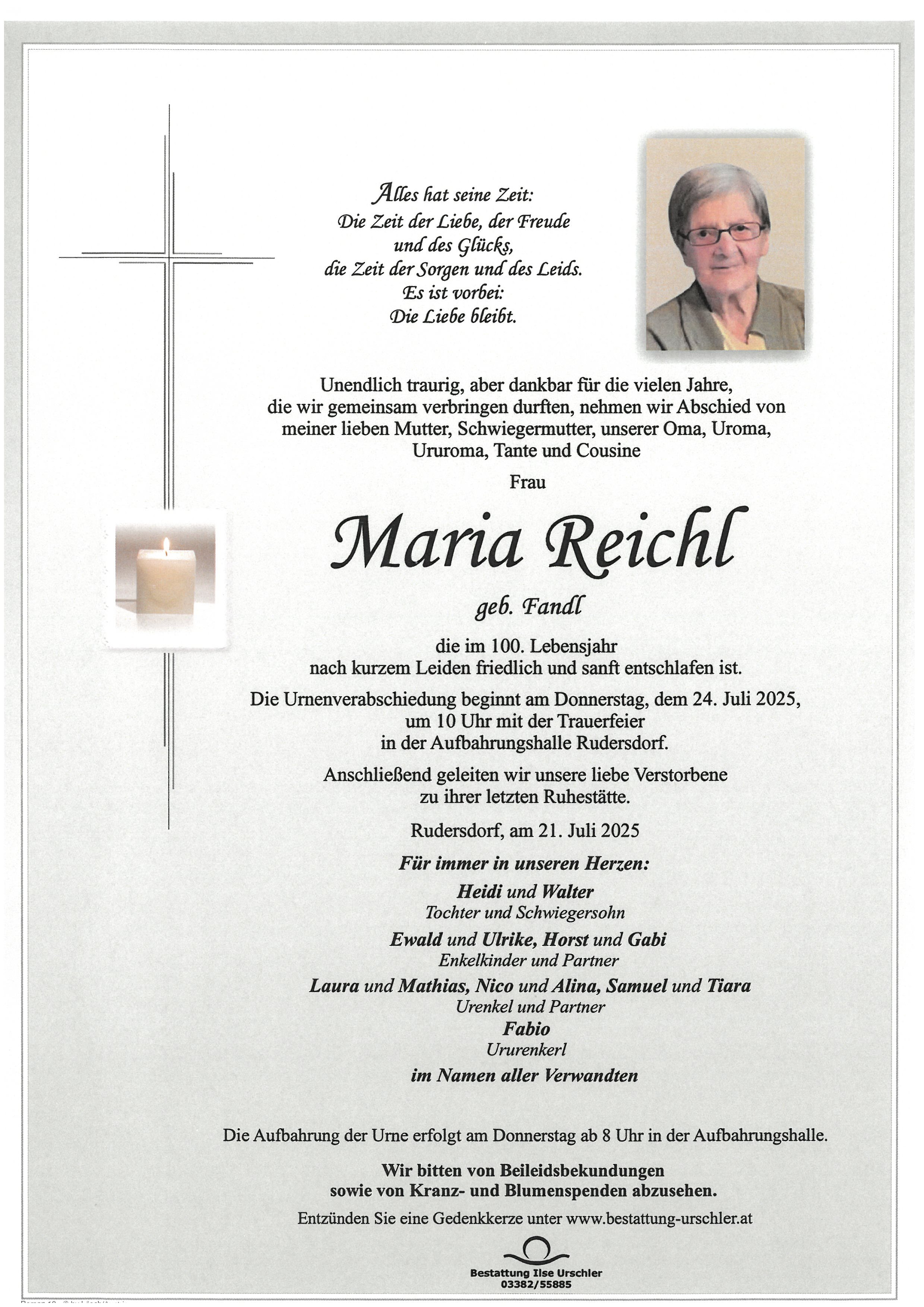 Traueranzeige von Maria Reichl