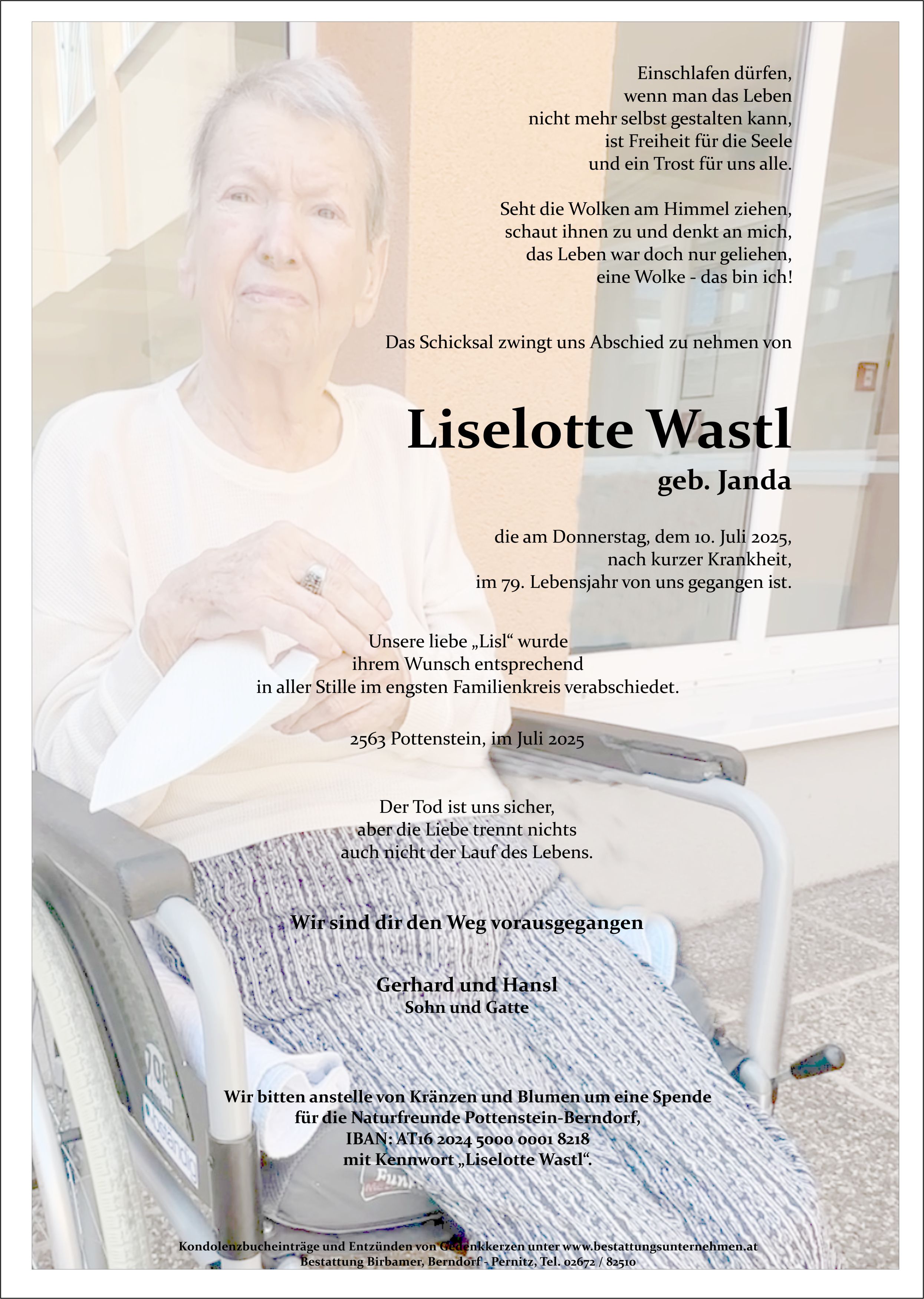 Traueranzeige von Liselotte Wastl