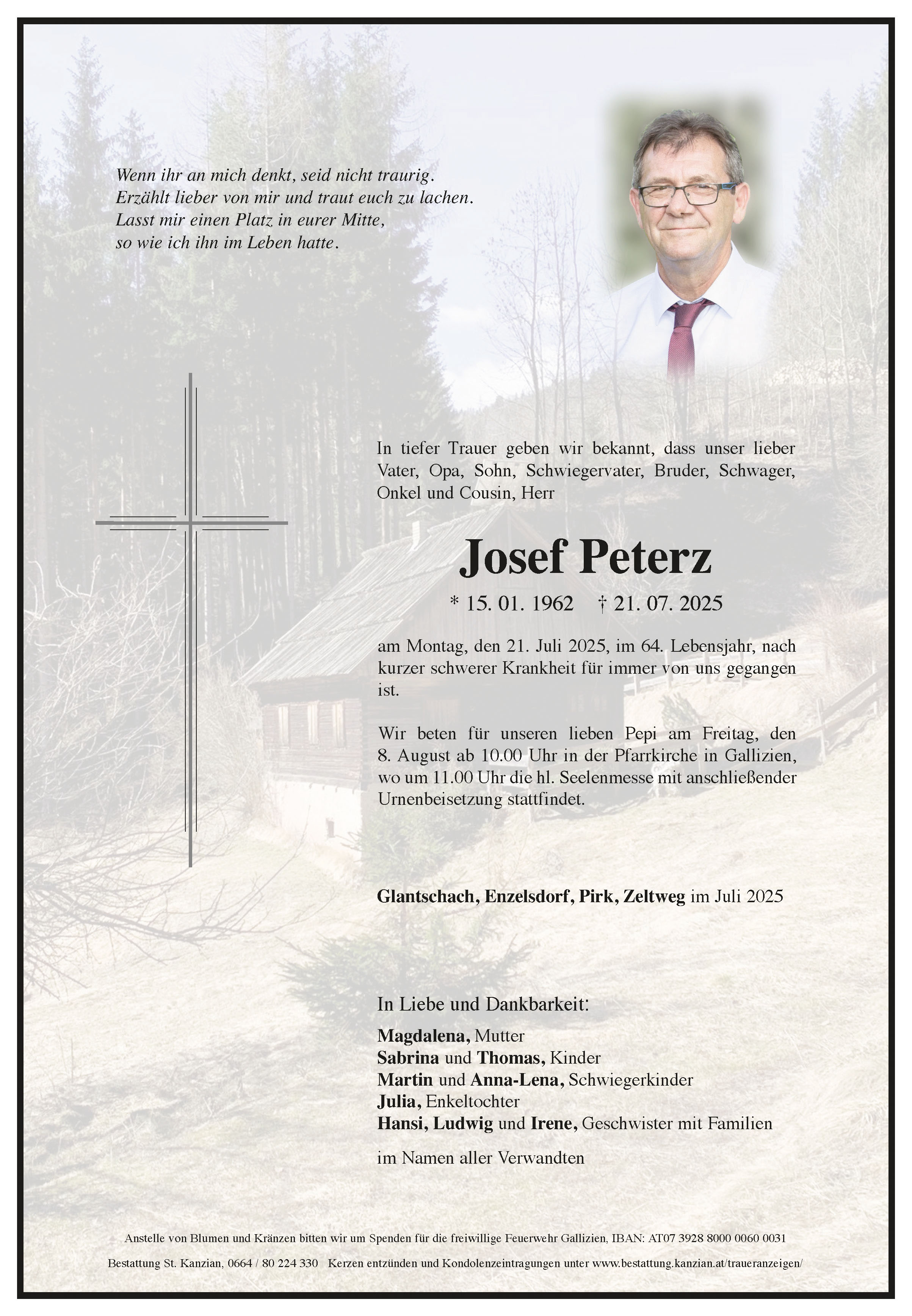 Traueranzeige von Josef Peterz