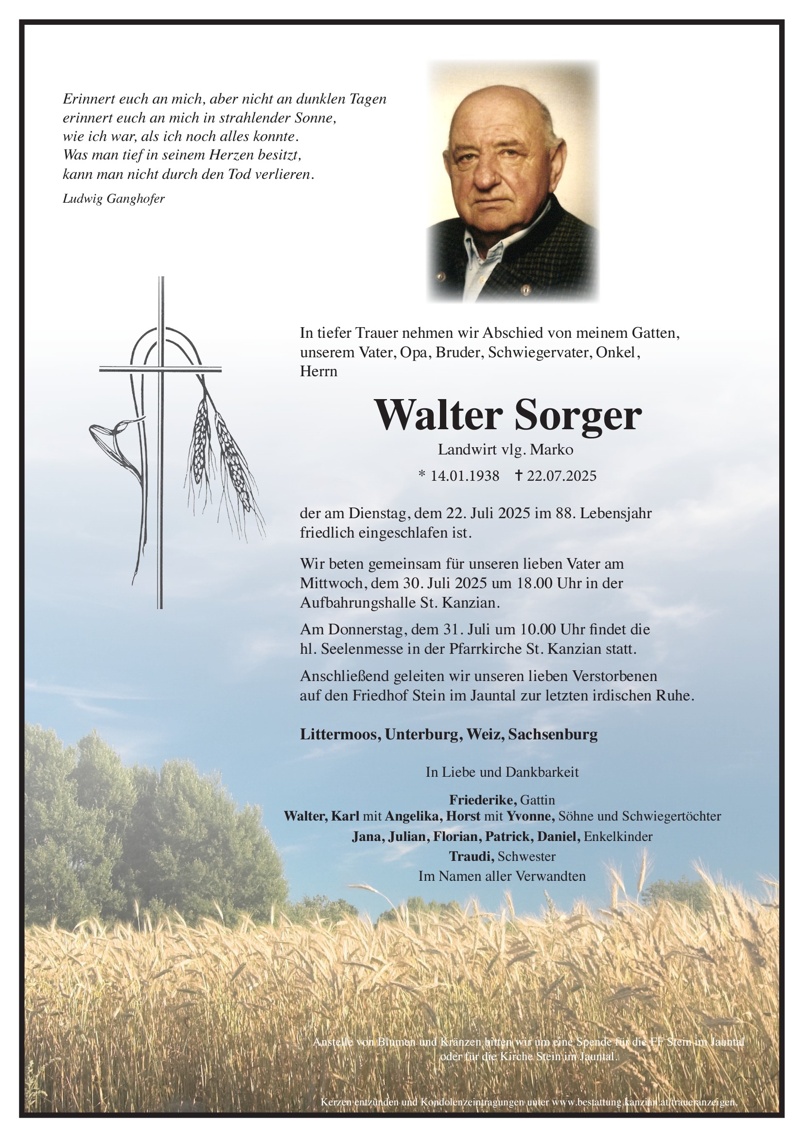 Traueranzeige von Walter Sorger