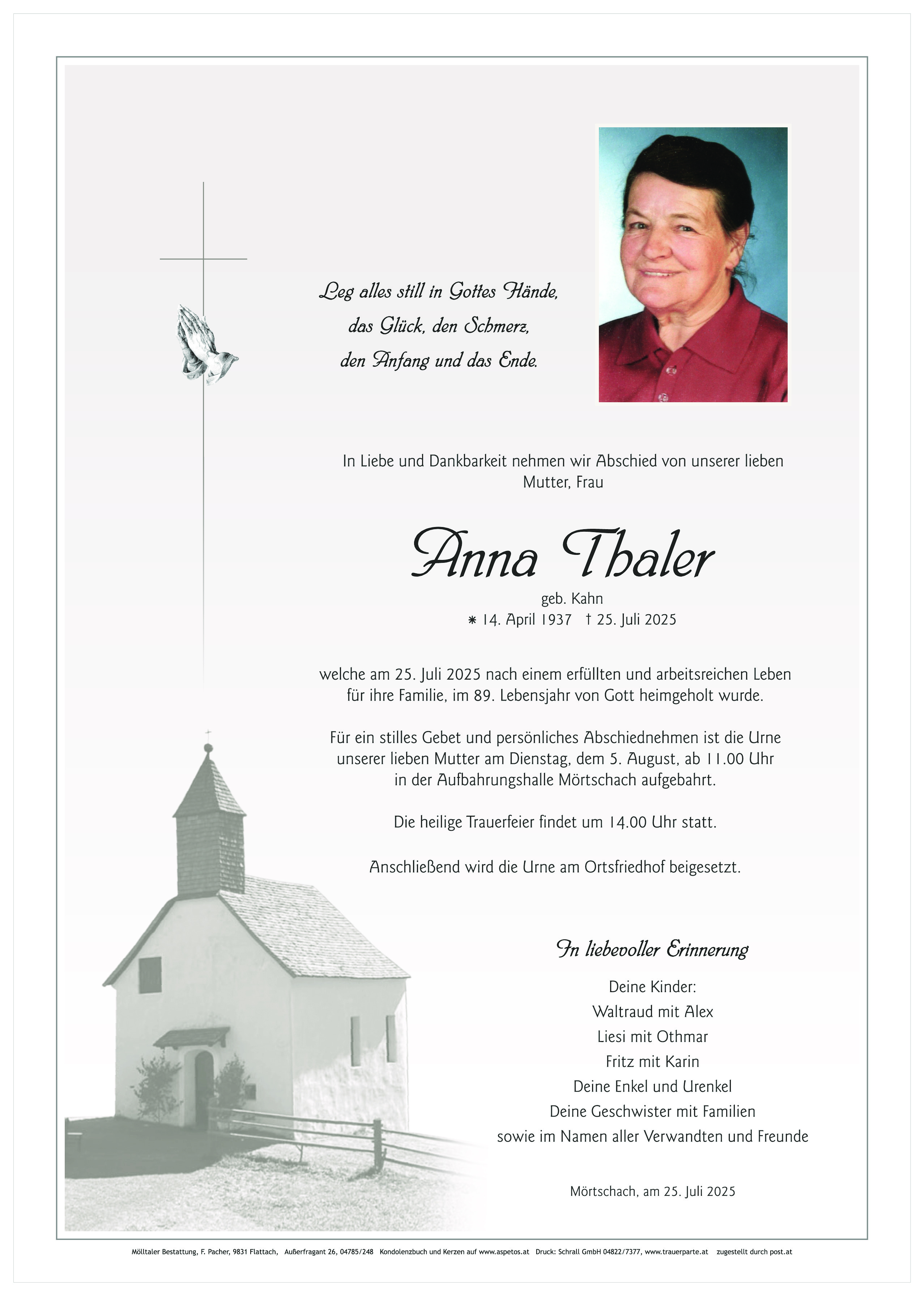 Traueranzeige von Anna Thaler