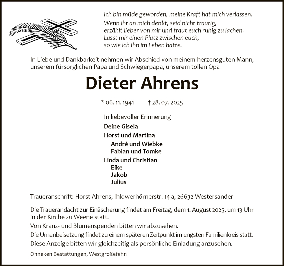 Traueranzeige von Dieter Ahrens