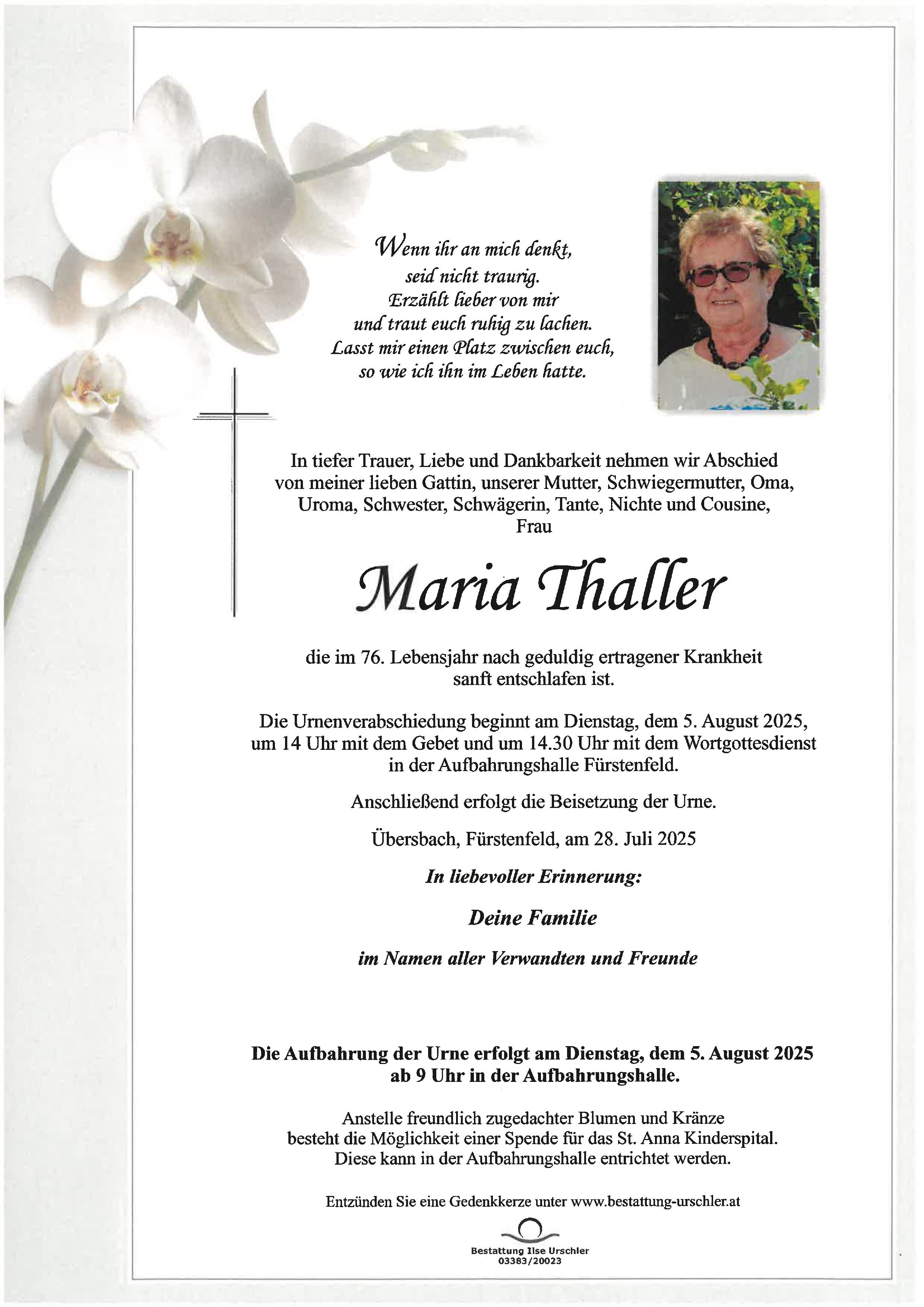 Traueranzeige von Maria Thaller
