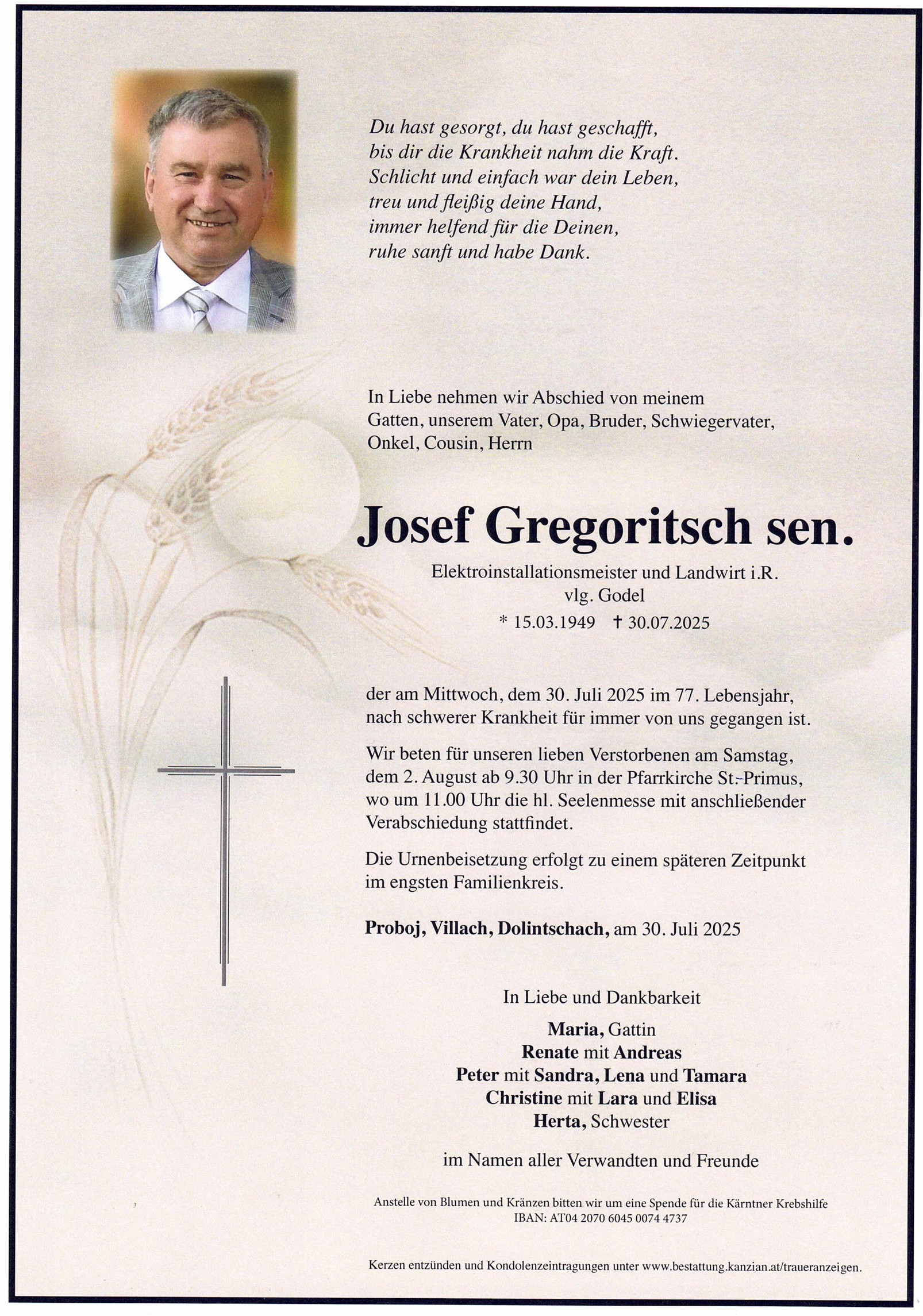Traueranzeige von Josef Gregoritsch sen.