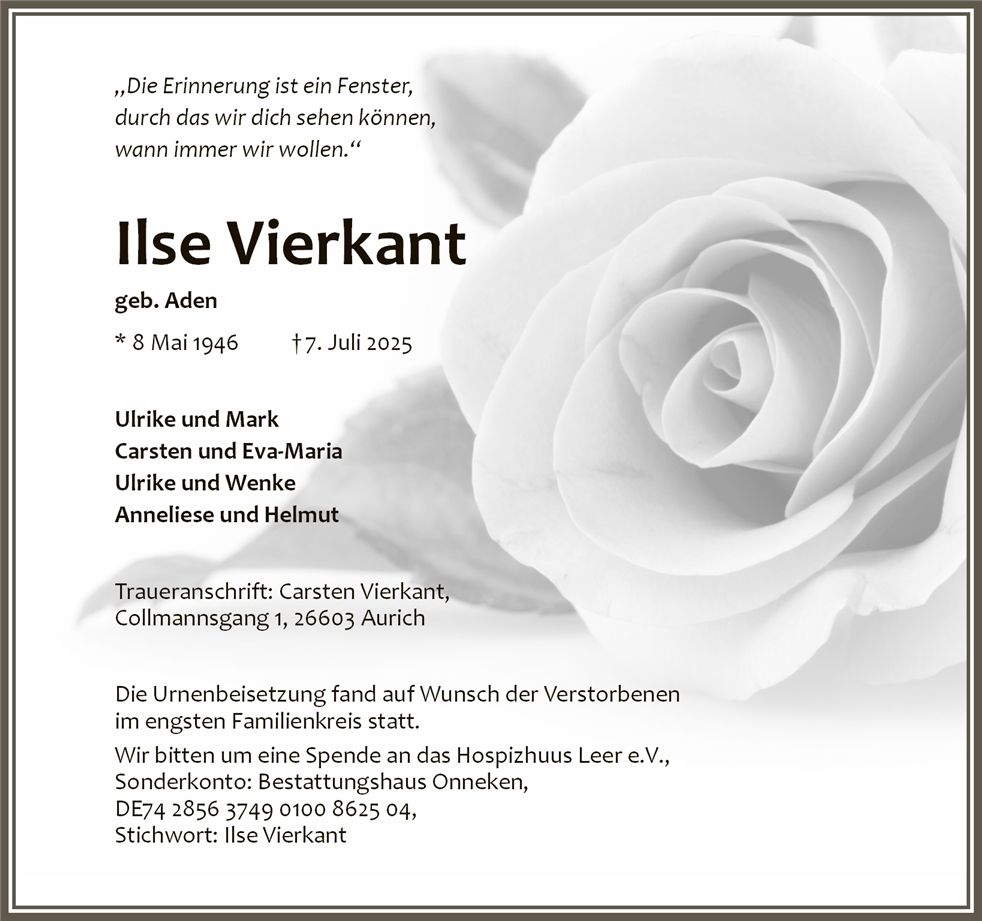 Traueranzeige von Ilse Vierkant
