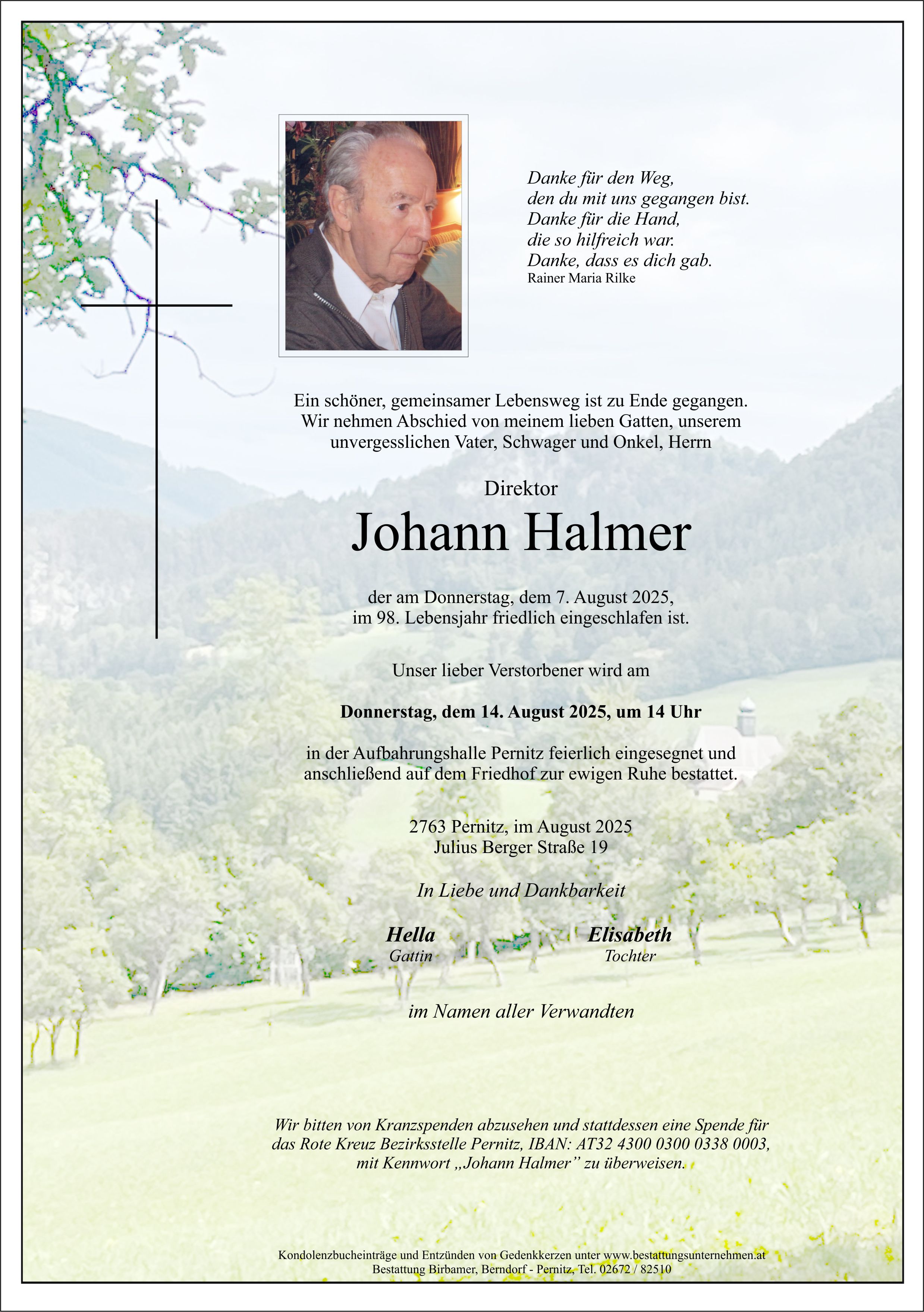 Traueranzeige von Direktor Johann Halmer