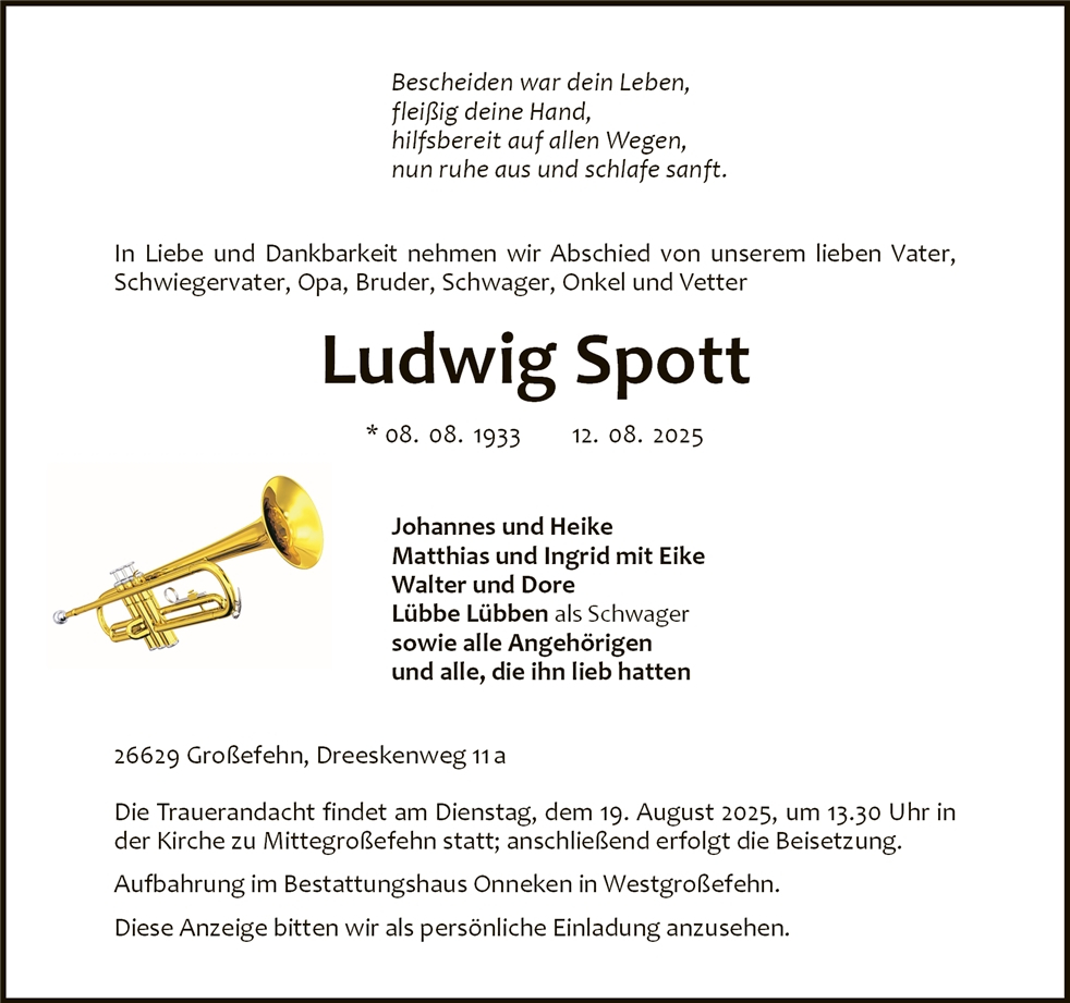 Traueranzeige von Ludwig Spott