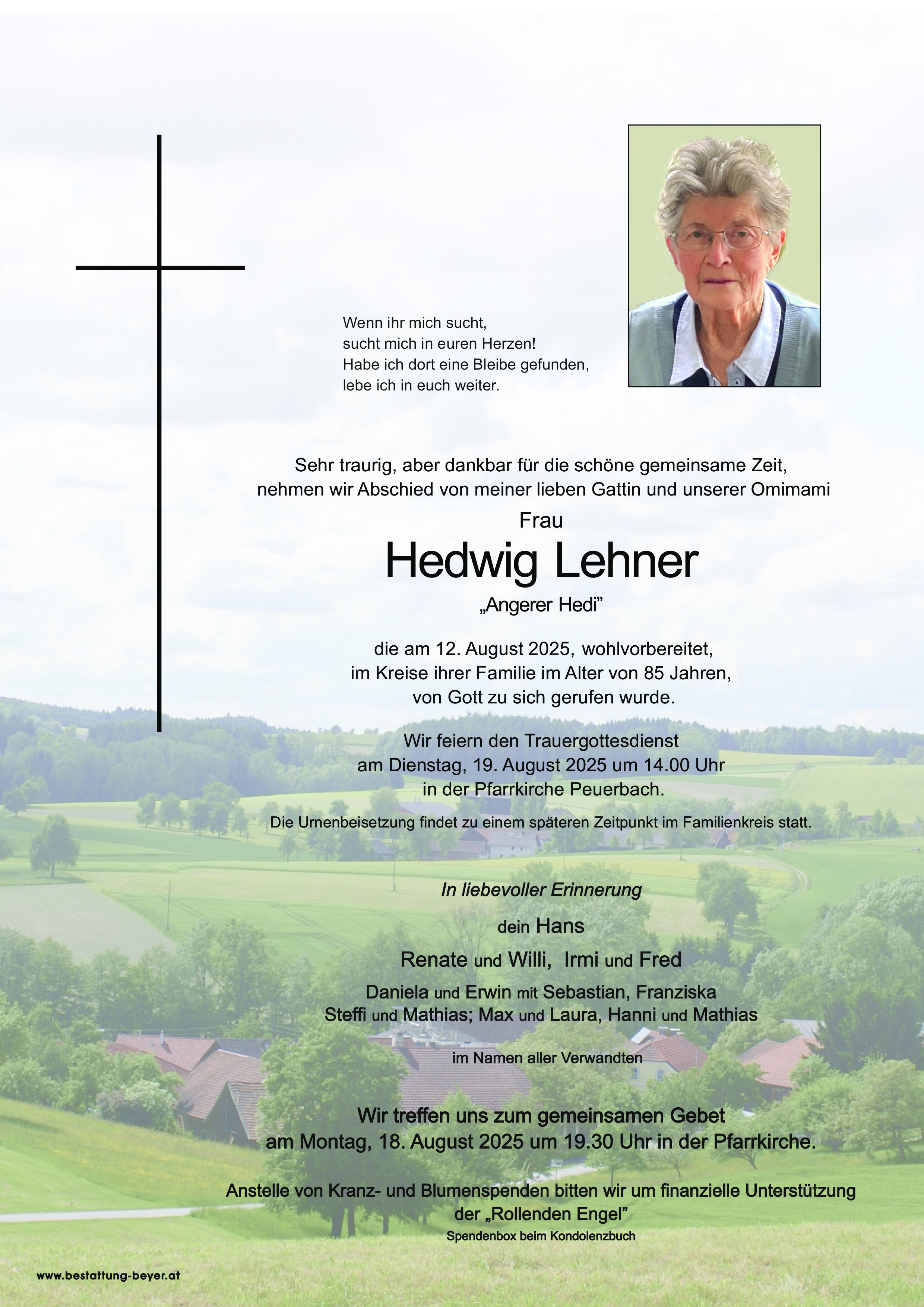 Traueranzeige von Hedwig Lehner
