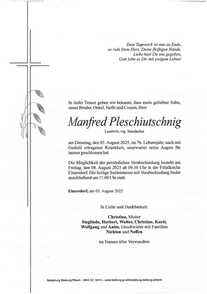 Traueranzeige von Manfred Pleschiutschnig