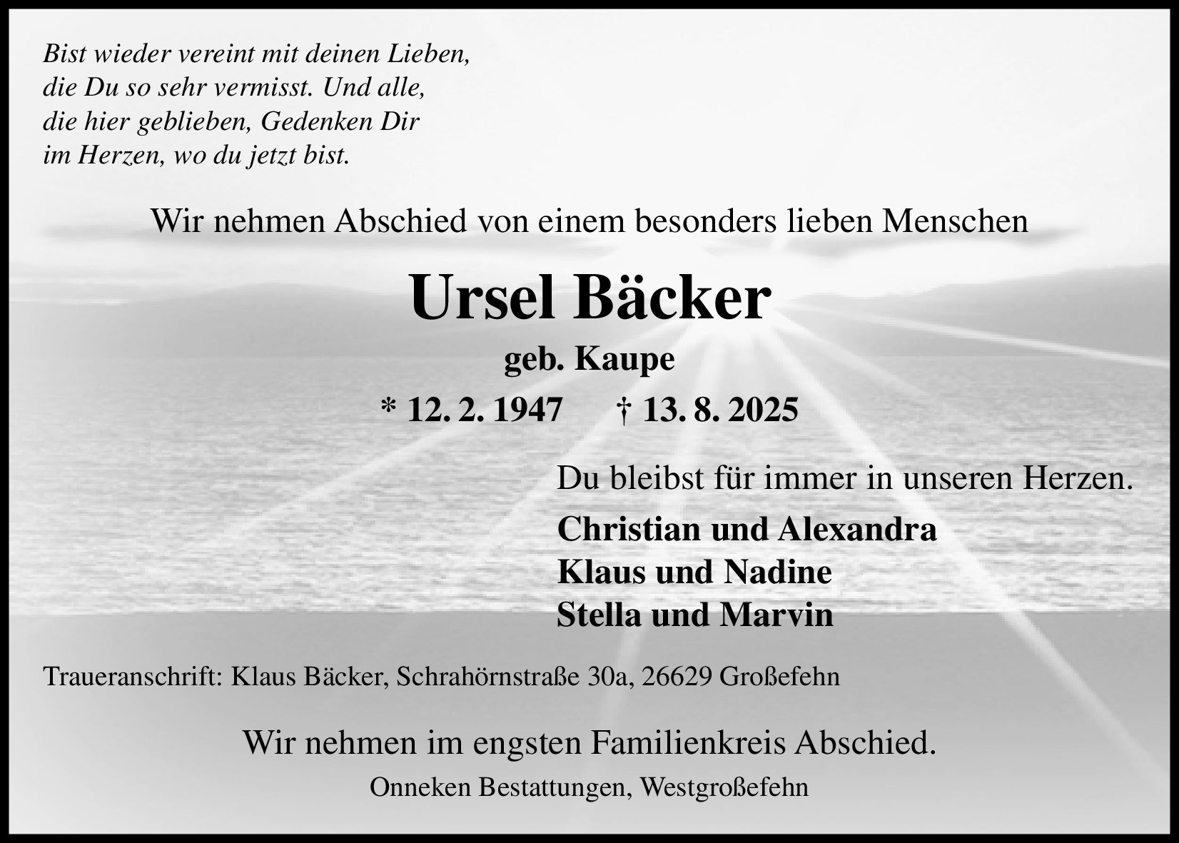 Traueranzeige von Ursel Bäcker