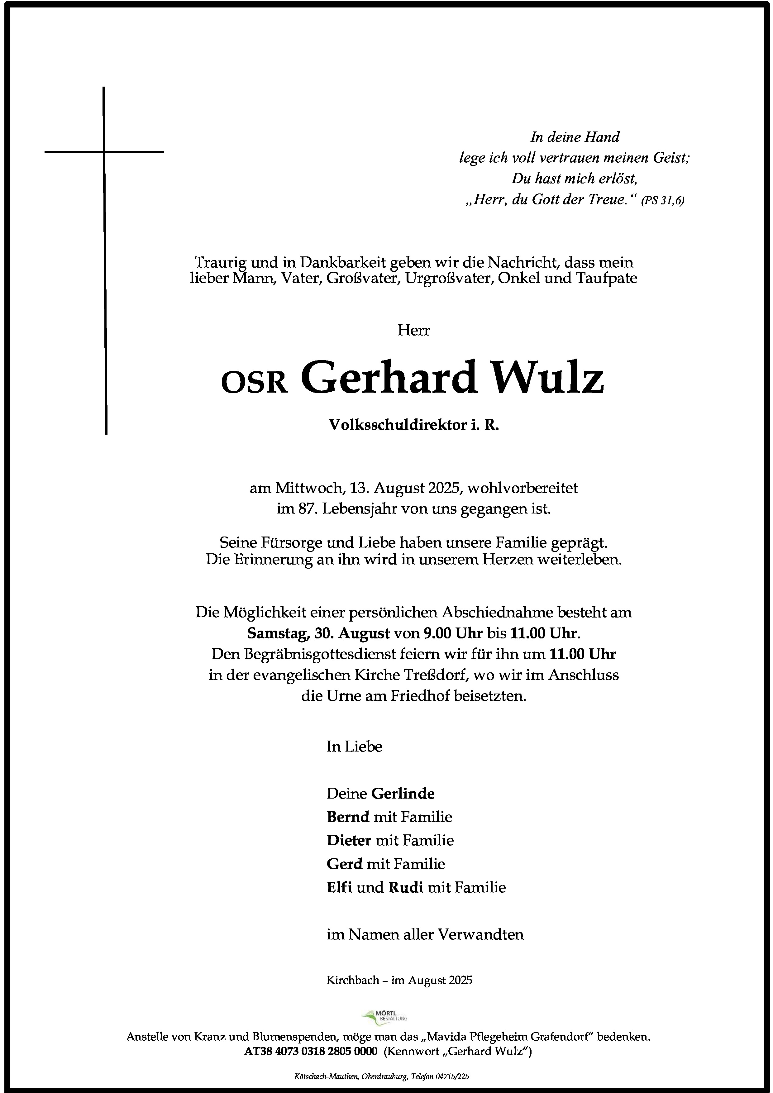 Traueranzeige von OSR Gerhard Wulz