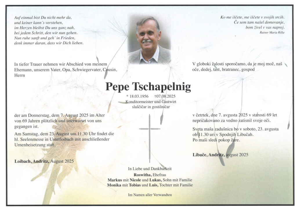 Traueranzeige von Josef "Pepe" Tschapelnig