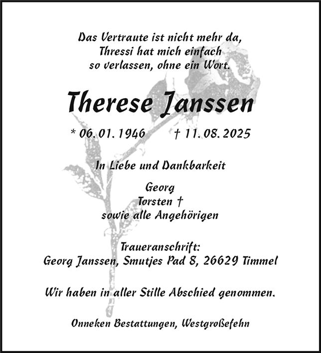 Traueranzeige von Therese Janssen
