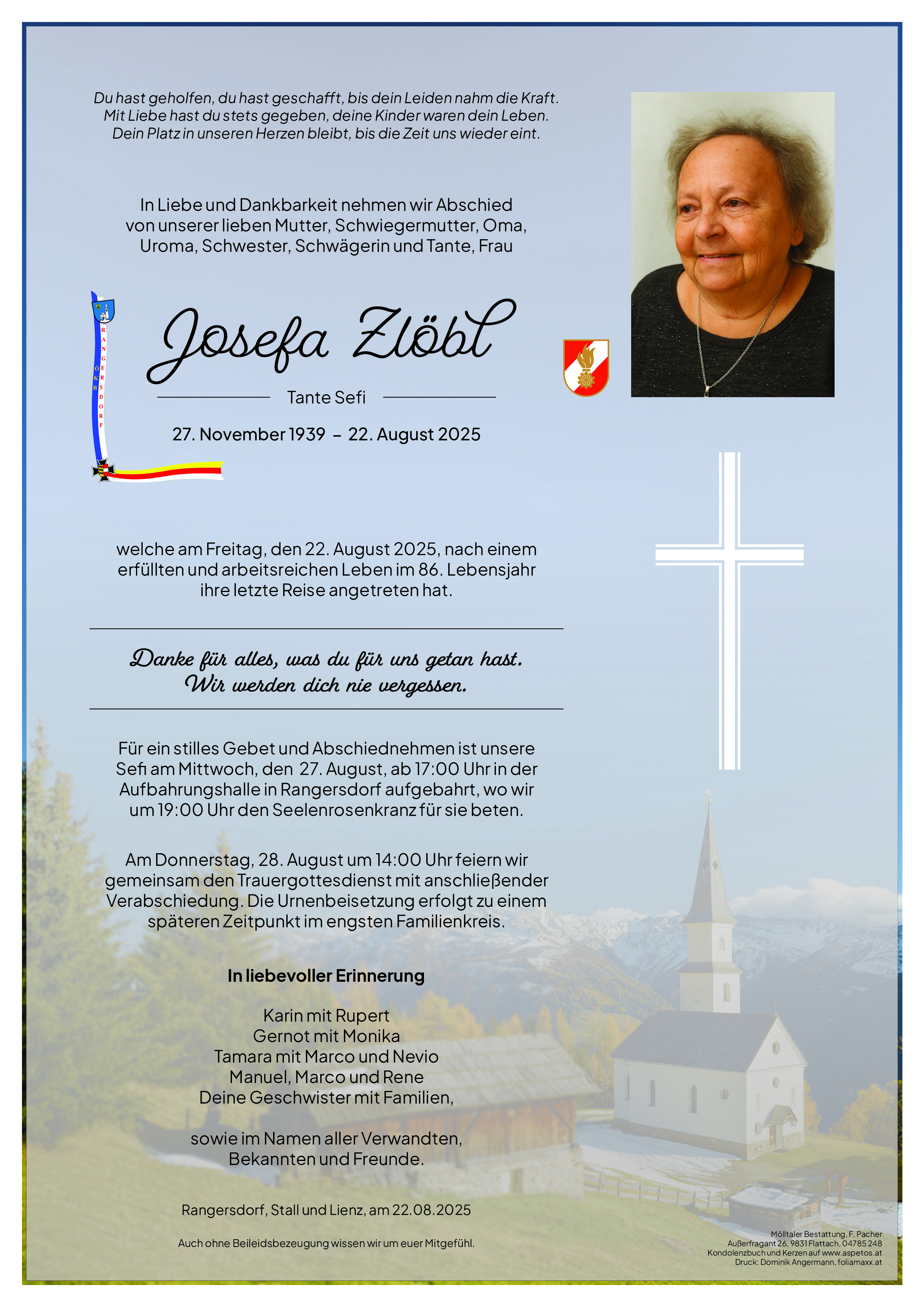 Traueranzeige von Josefa Zlöbl