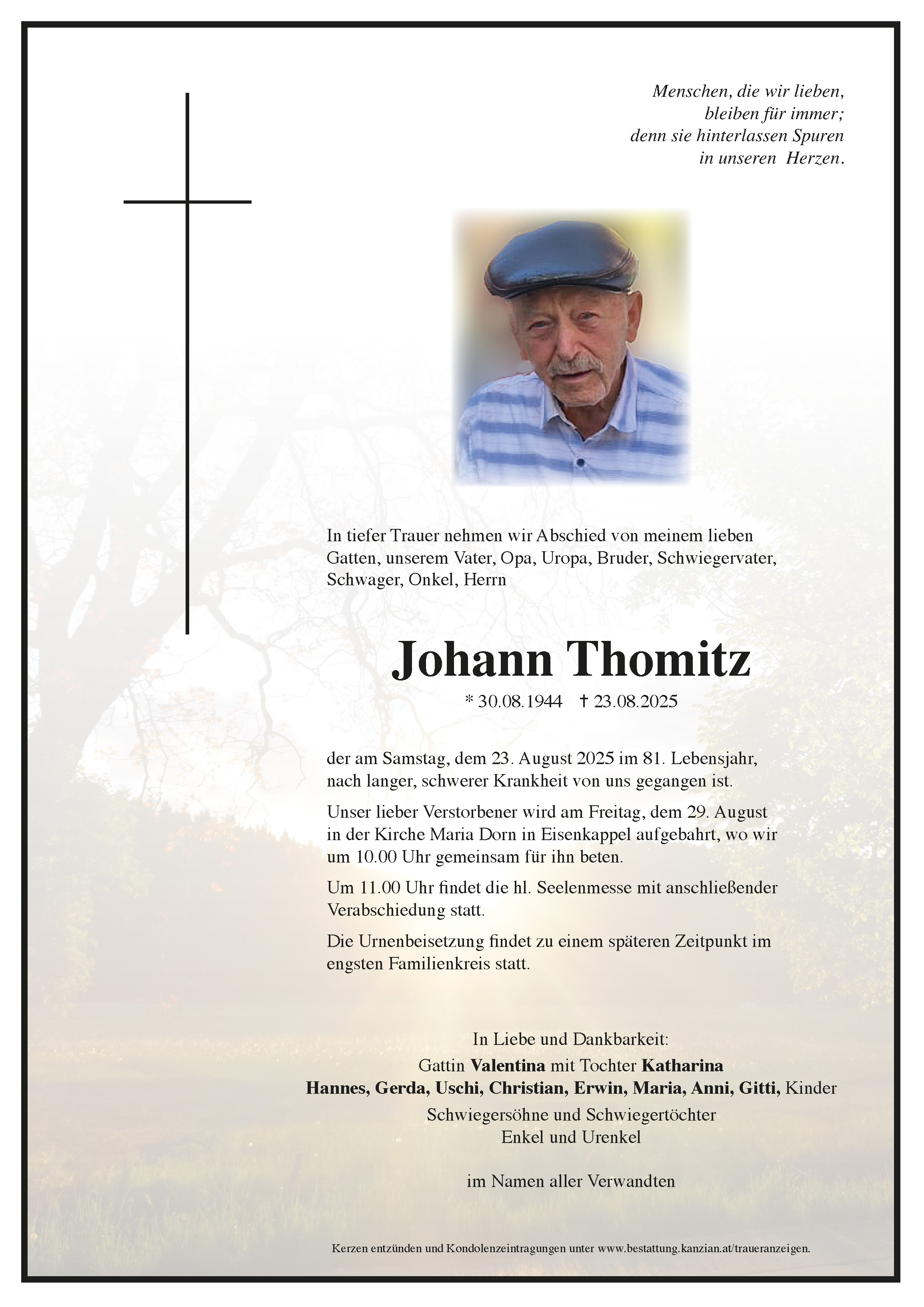 Traueranzeige von Johann Thomitz