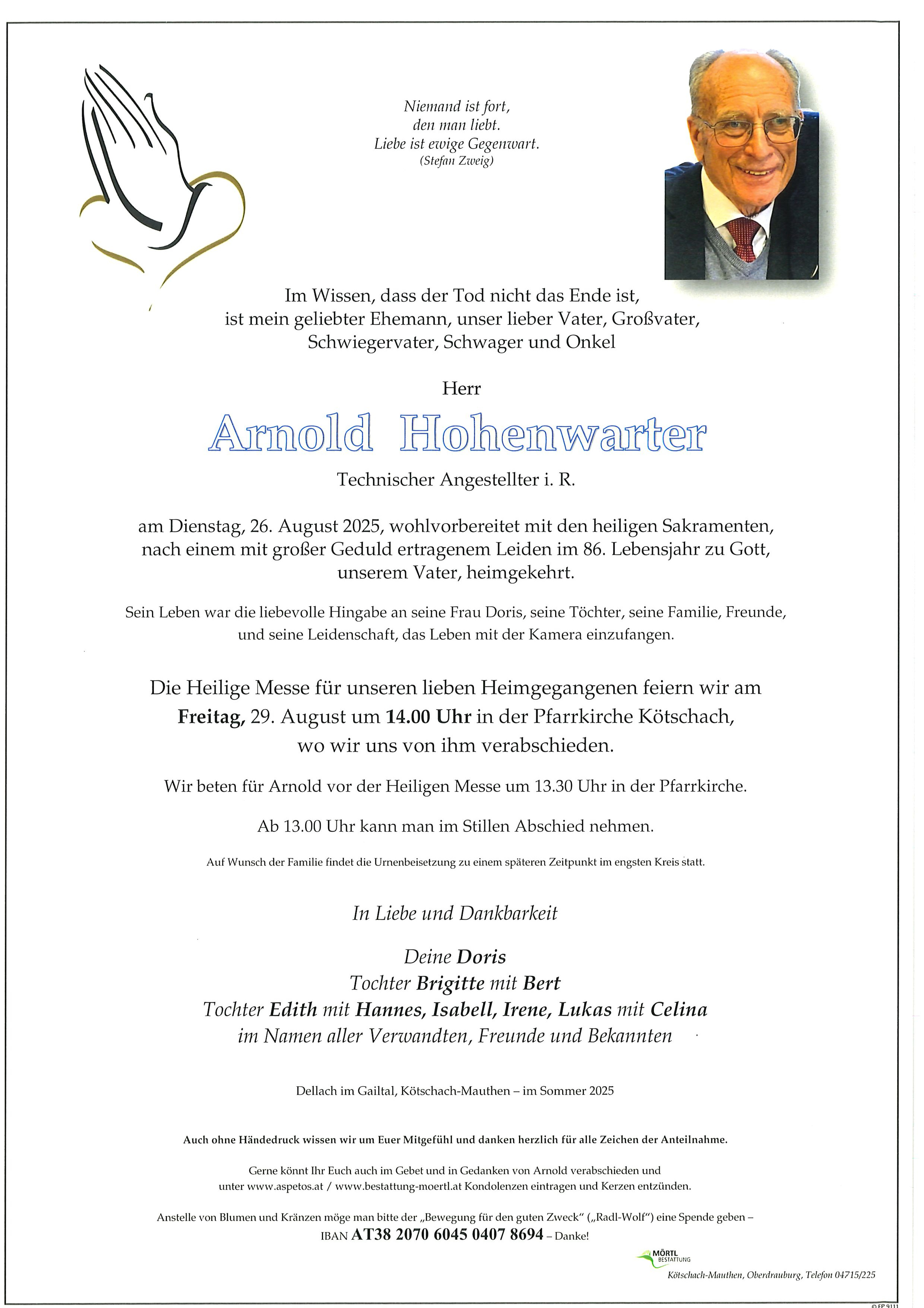 Traueranzeige von Arnold Hohenwarter