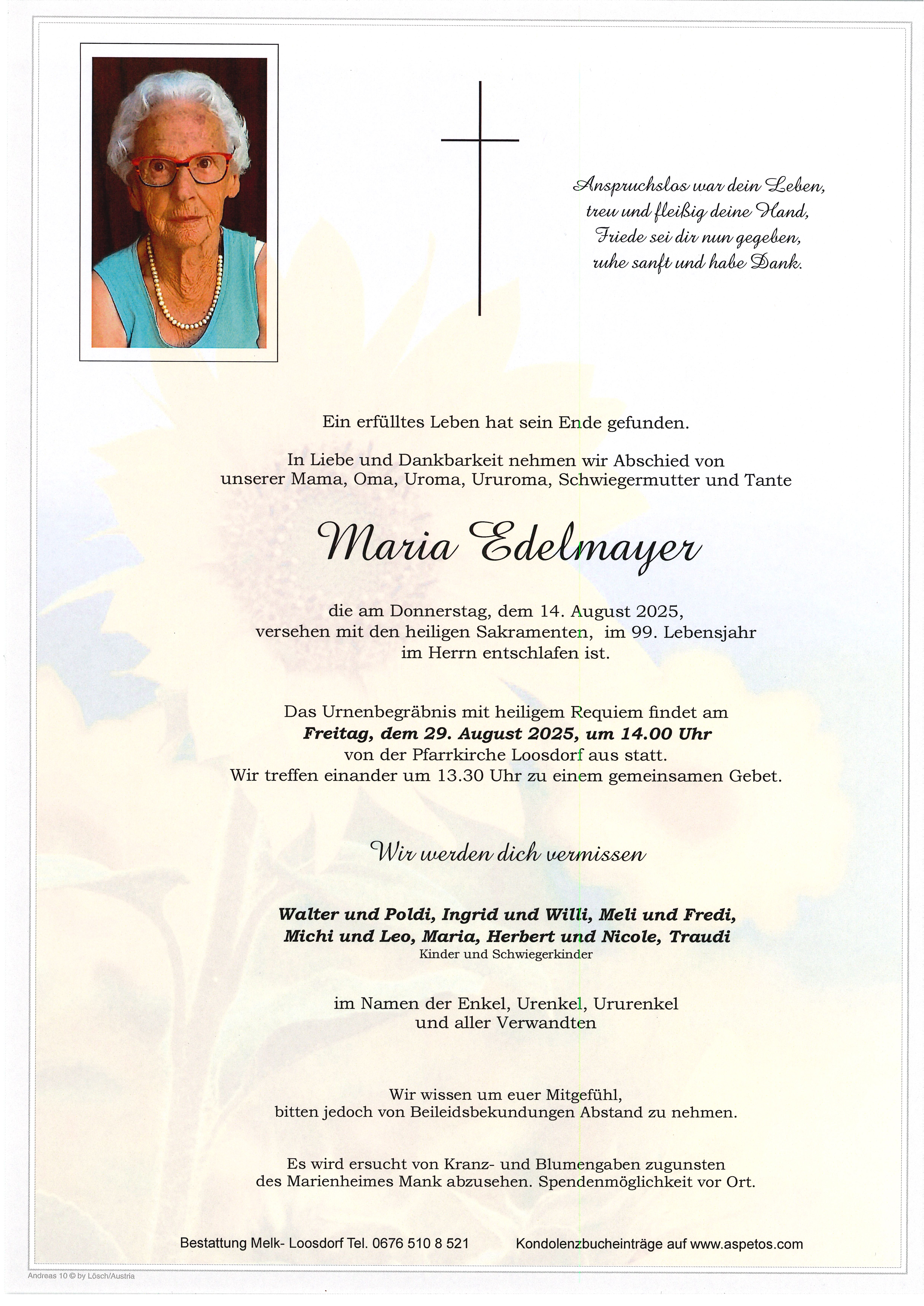 Traueranzeige von Maria Edelmayer