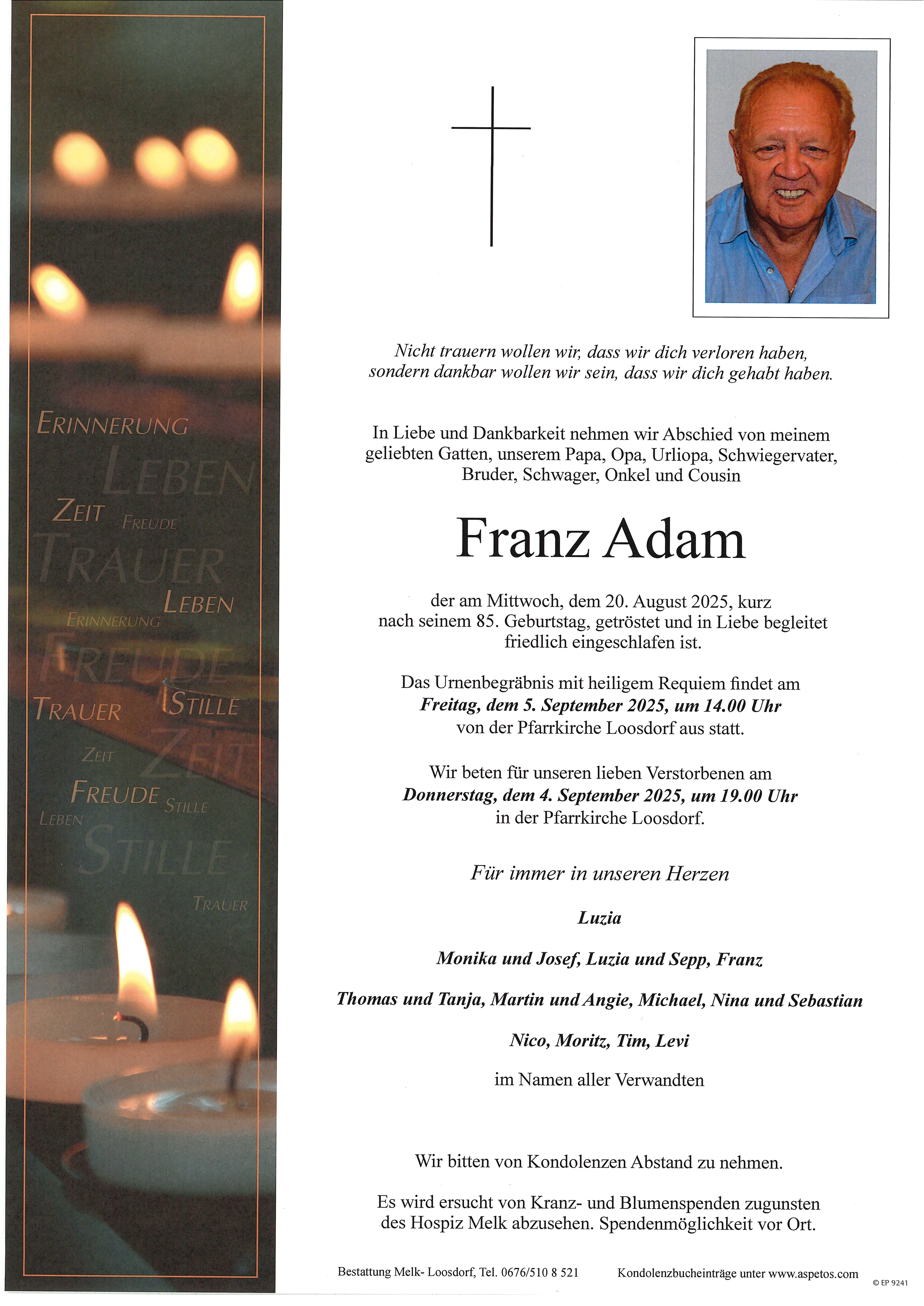 Traueranzeige von Franz Adam