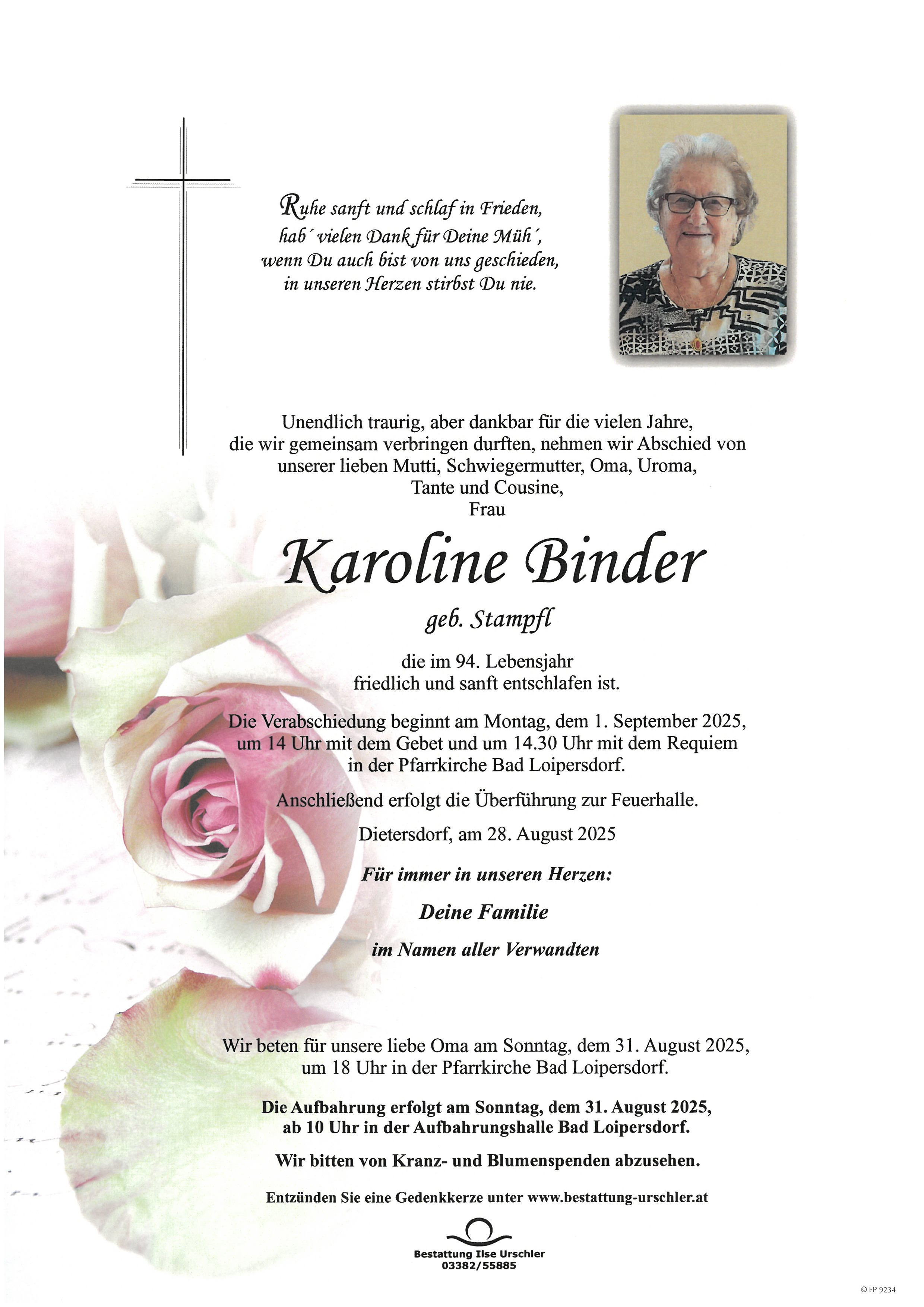Traueranzeige von Karoline Binder