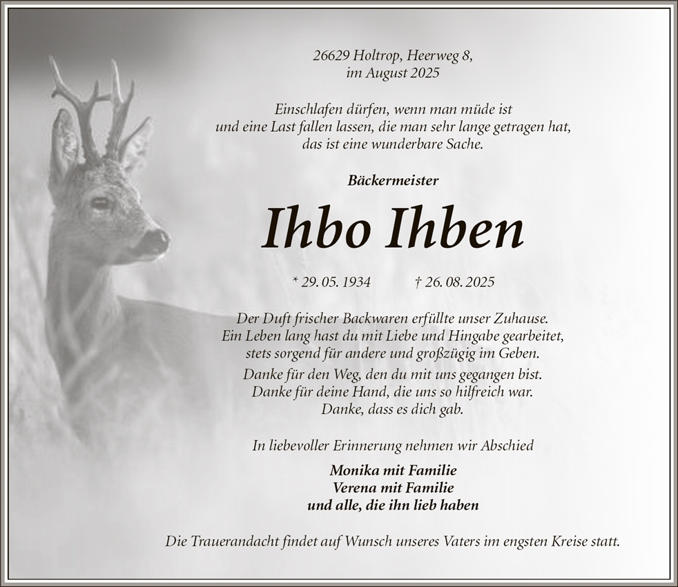 Traueranzeige von Bäckermeister Ihbo Ihben