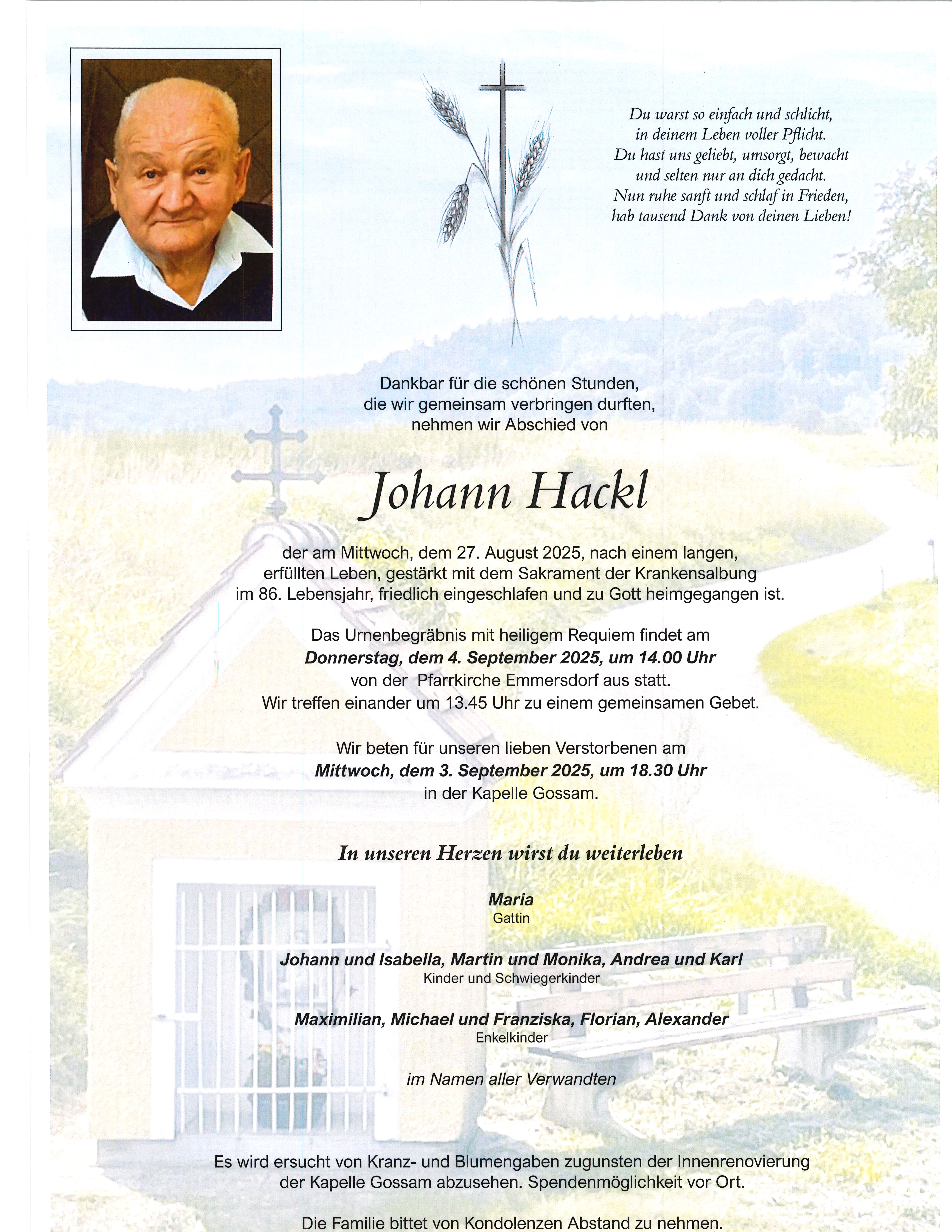 Traueranzeige von Johann Hackl