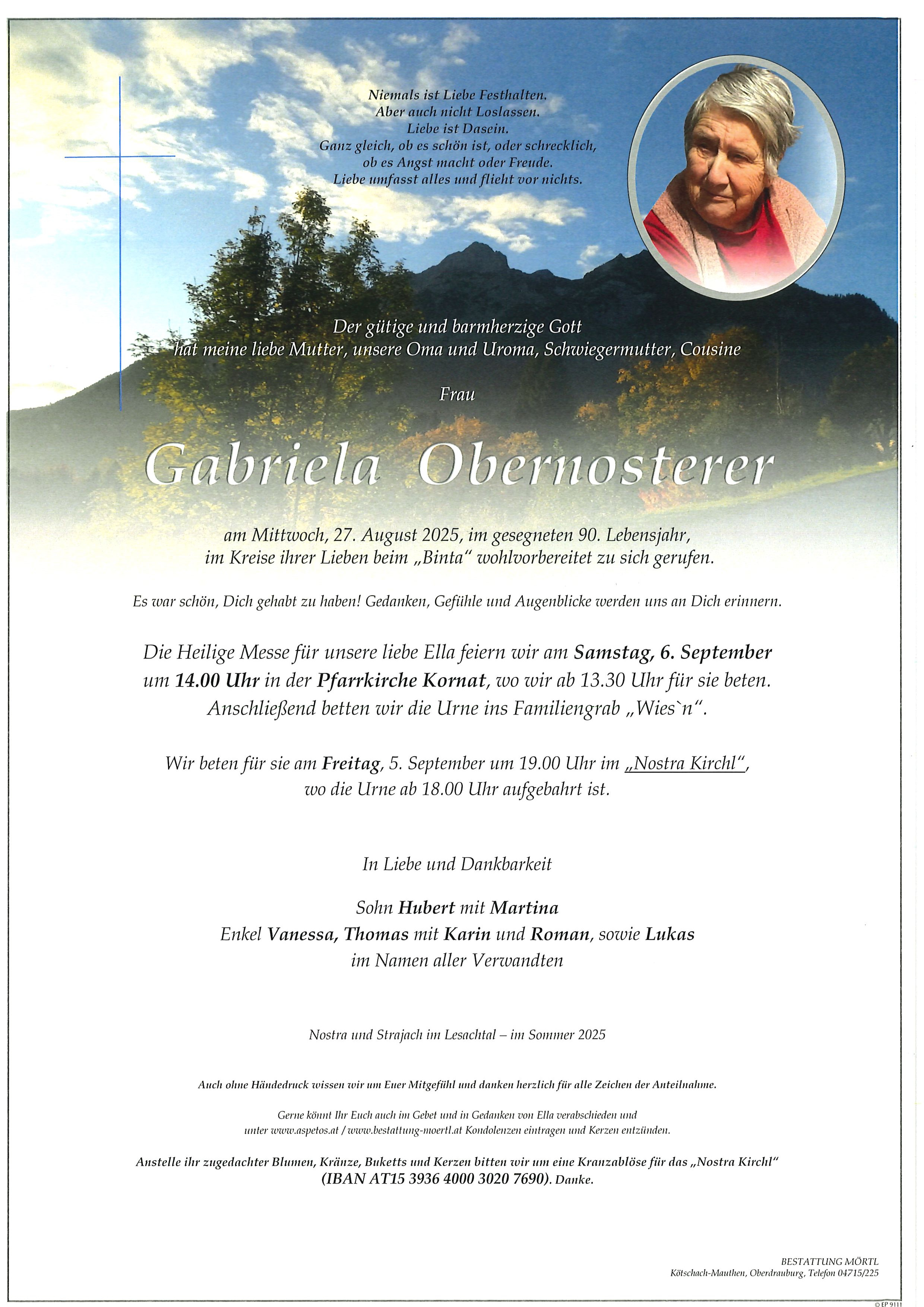 Traueranzeige von Gabriela Obernosterer