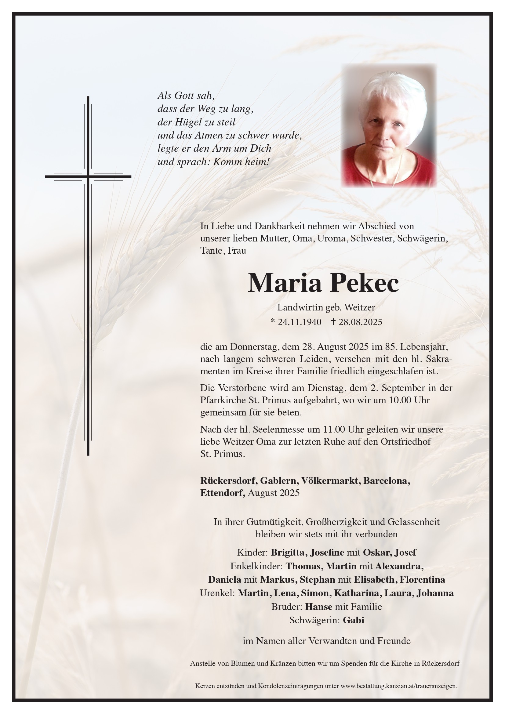 Traueranzeige von Maria Pekec