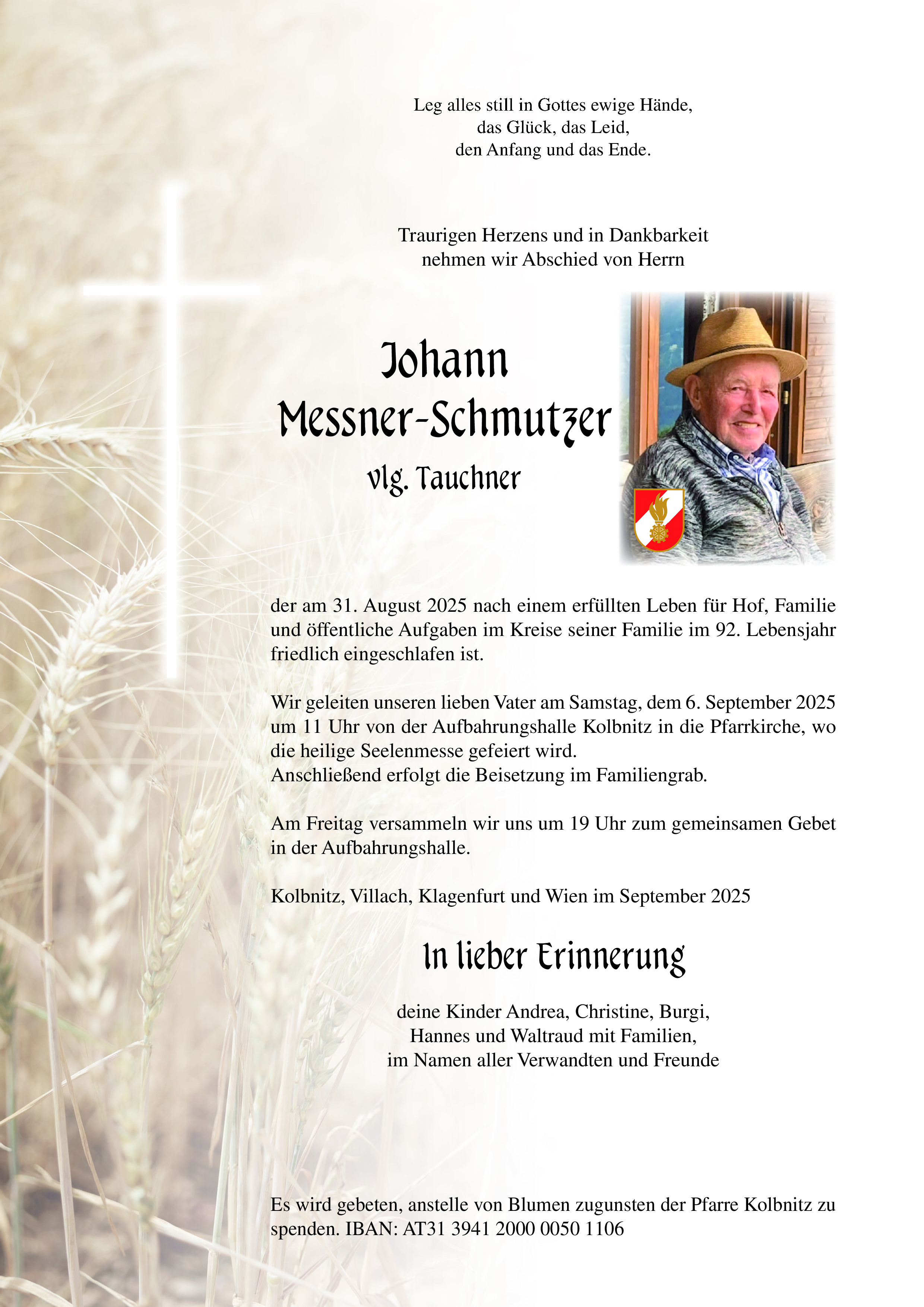 Traueranzeige von Johann Messner-Schmutzer