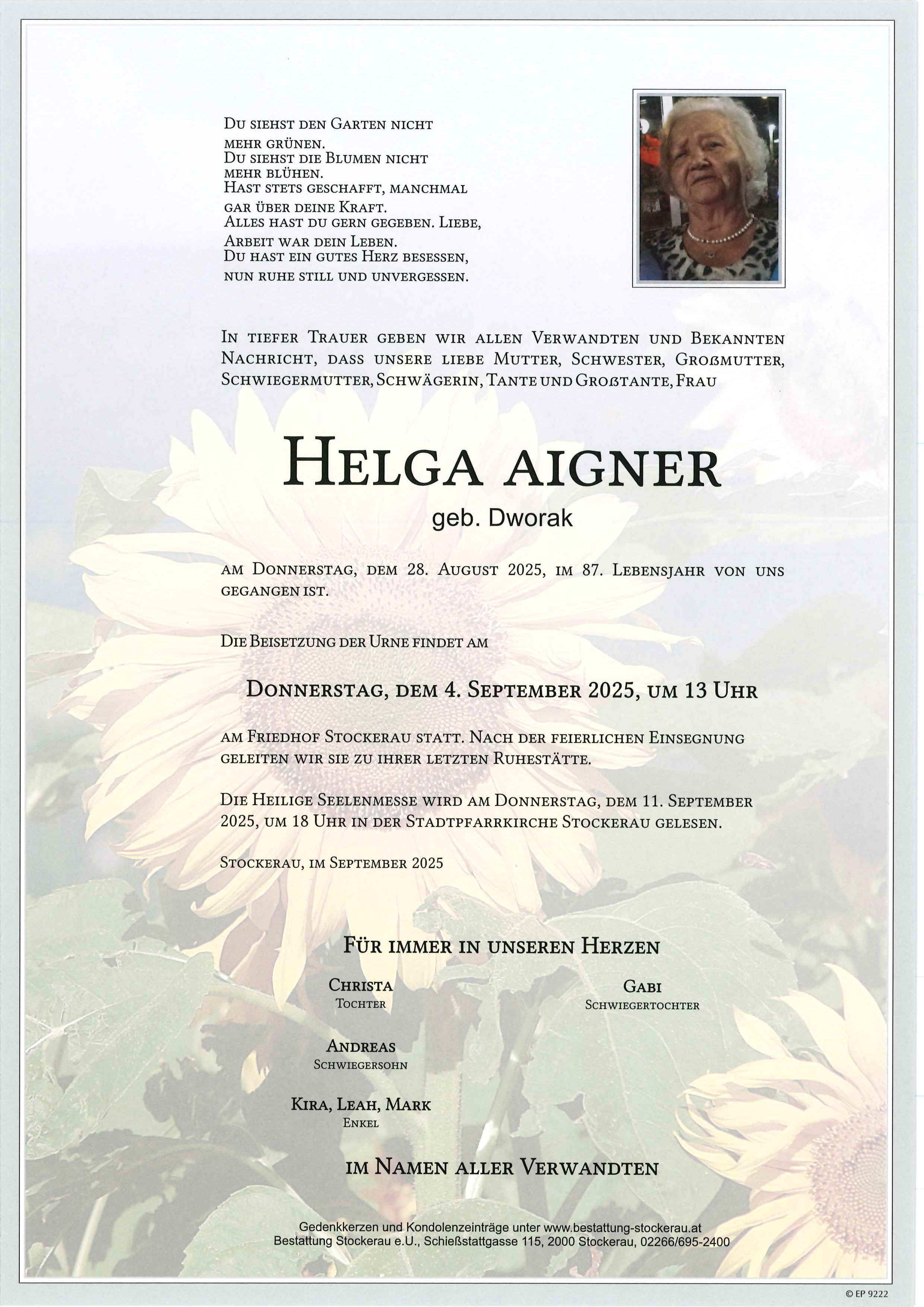 Traueranzeige von Helga Aigner