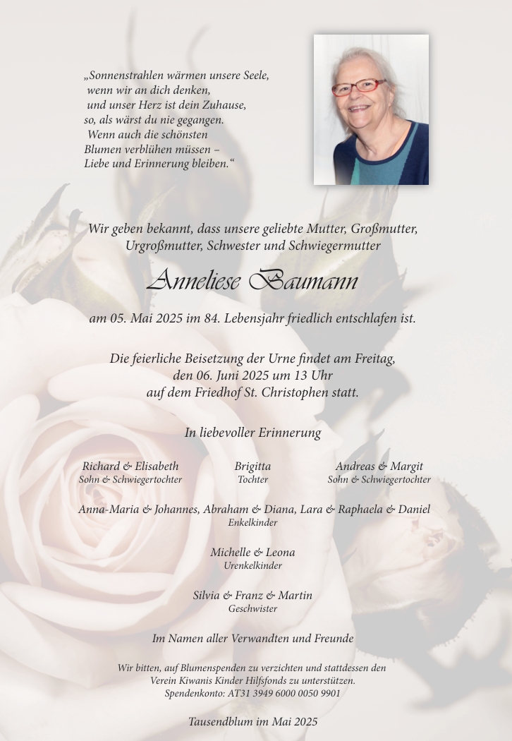 Traueranzeige von Anneliese Baumann