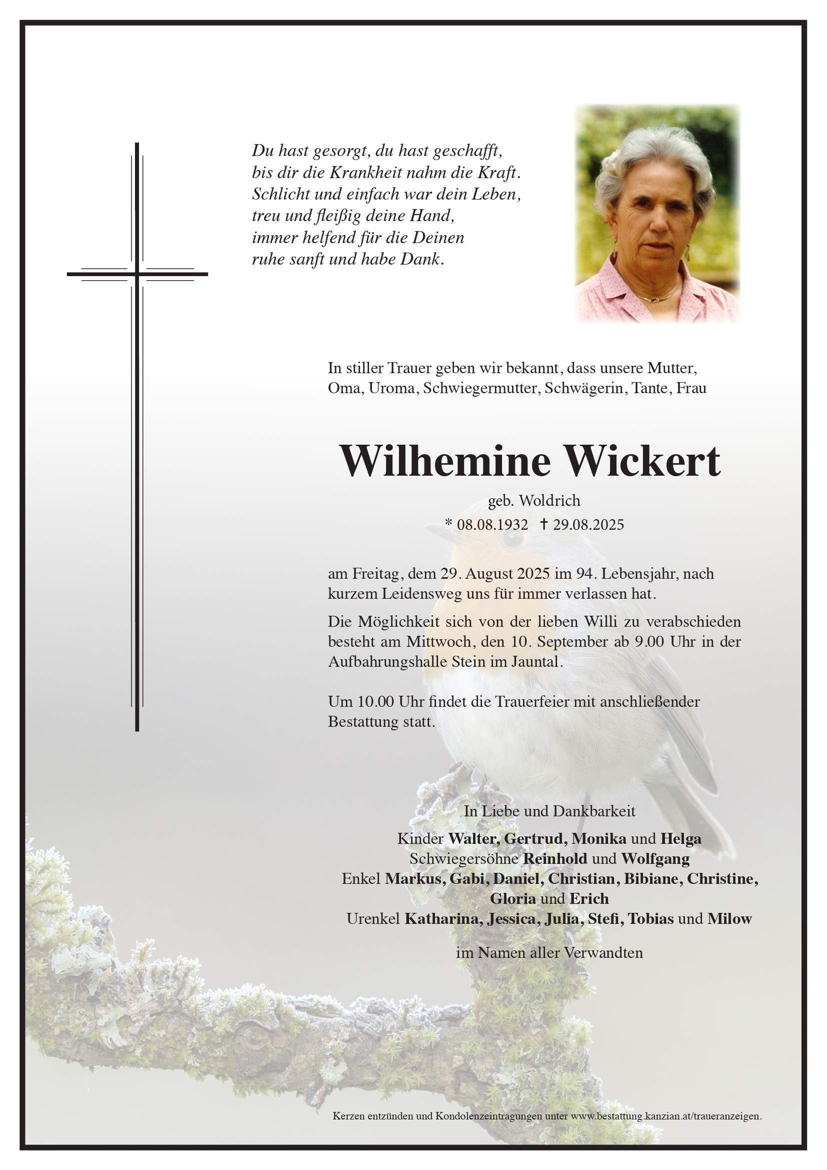 Traueranzeige von Wilhelmine Wickert