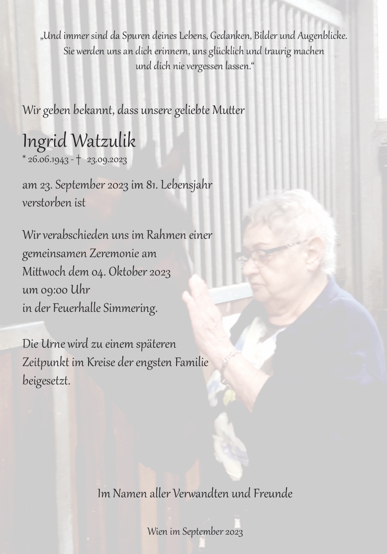 Traueranzeige von Ingrid Watzulik