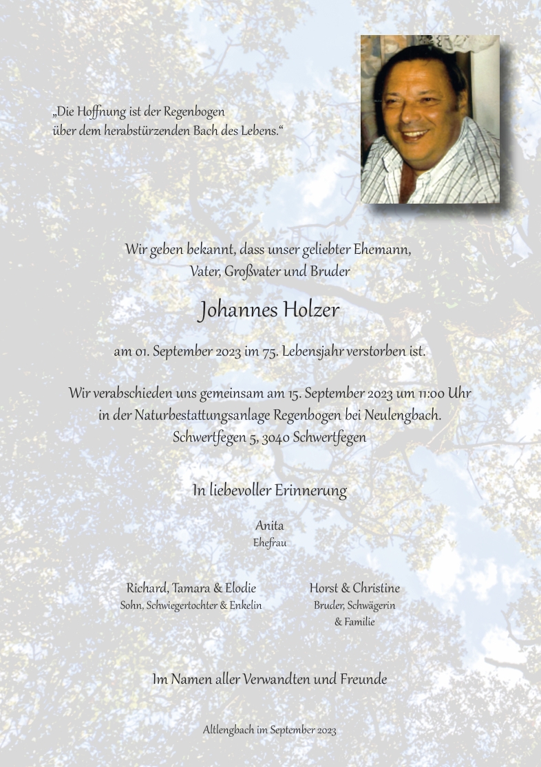 Traueranzeige von Johannes Holzer
