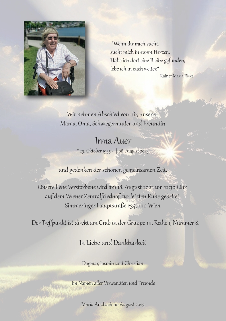 Traueranzeige von Irma Auer