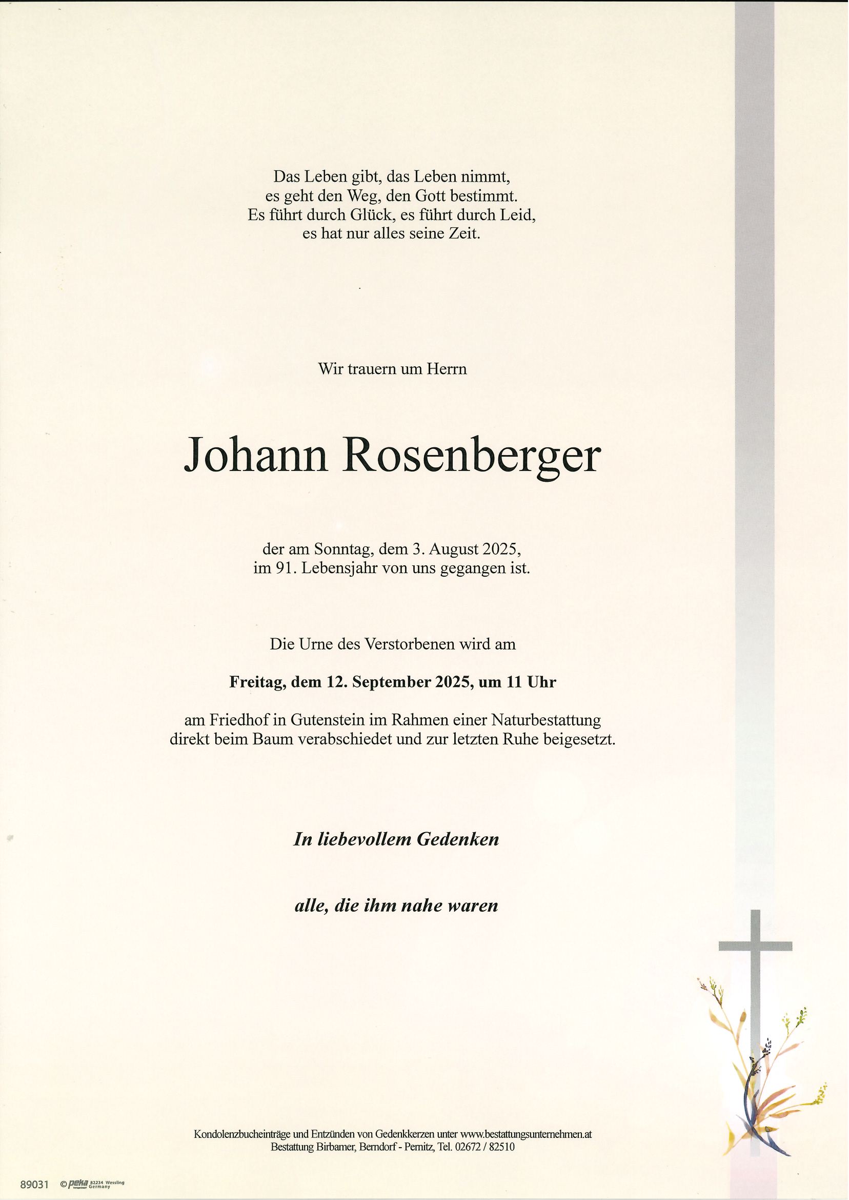 Traueranzeige von Johann Rosenberger