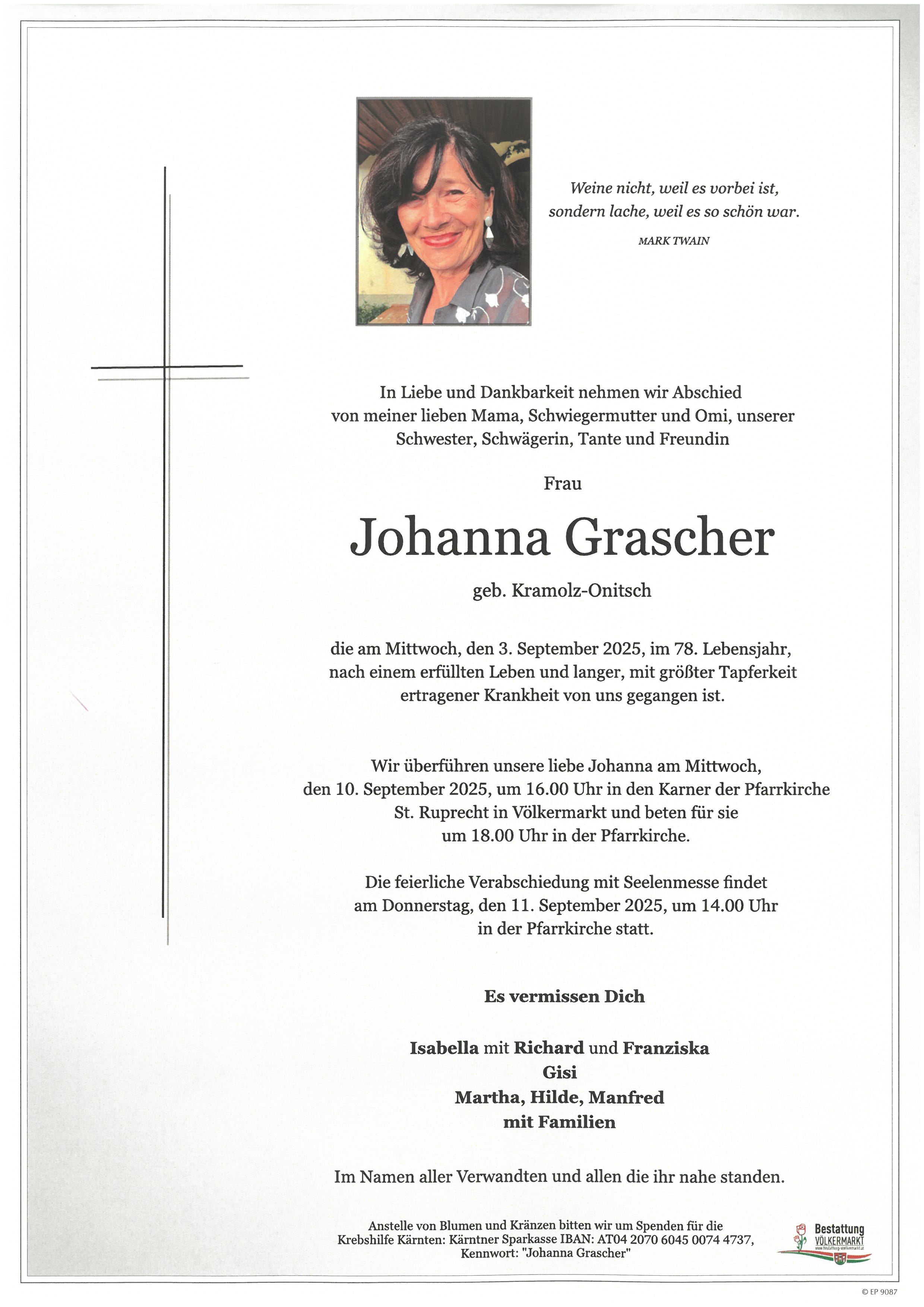 Traueranzeige von Johanna Grascher