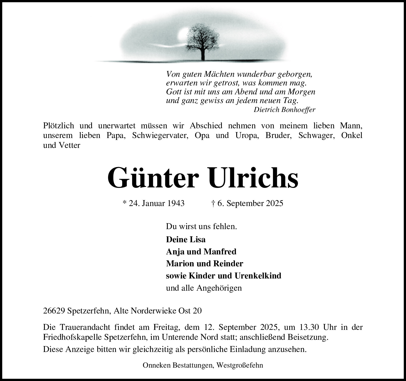 Traueranzeige von Günter Ulrichs