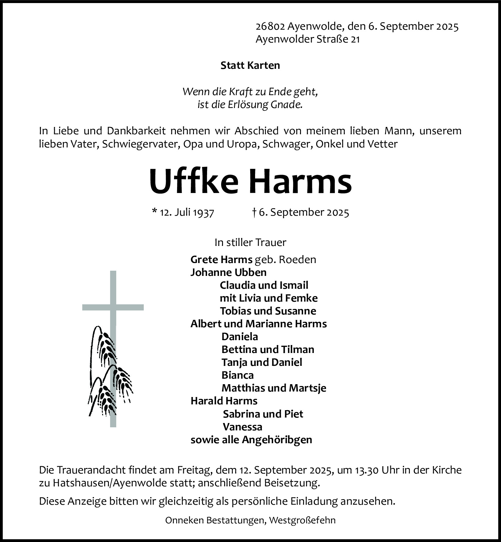 Traueranzeige von Uffke Harms