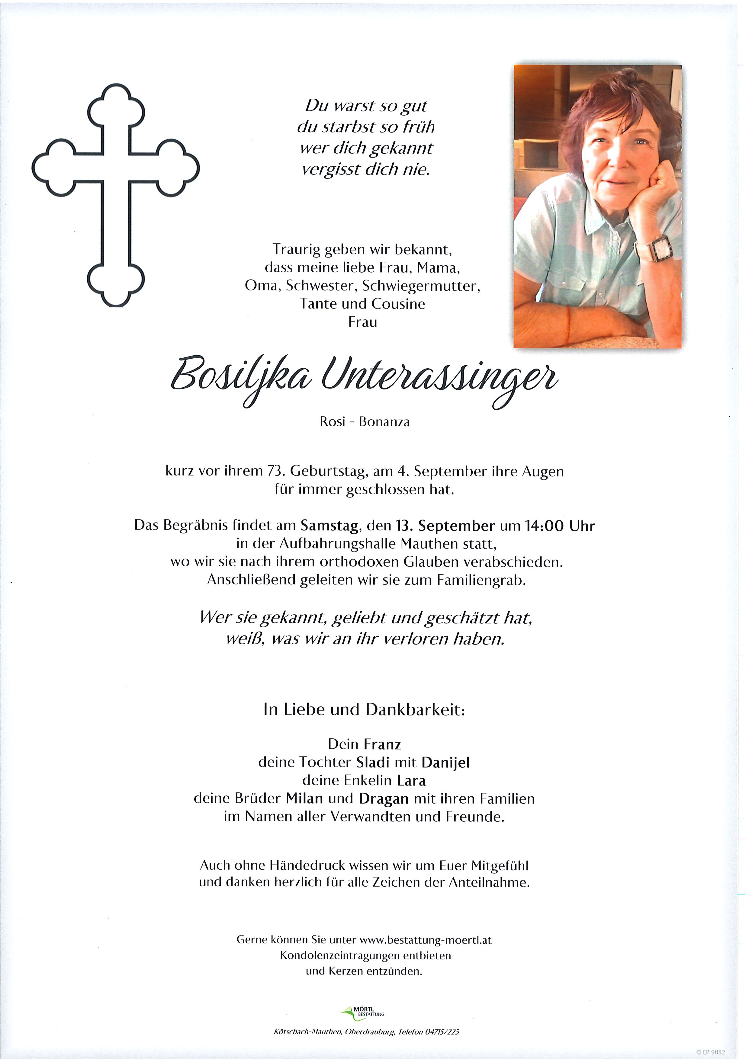 Traueranzeige von Bosiljka Unterassinger