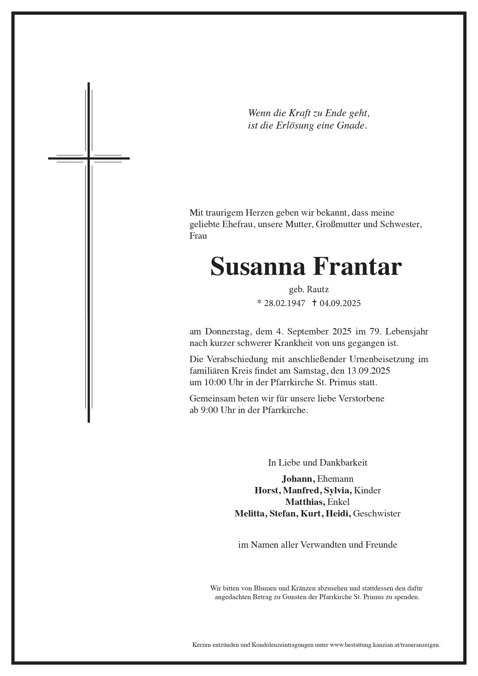 Traueranzeige von Susanna Frantar