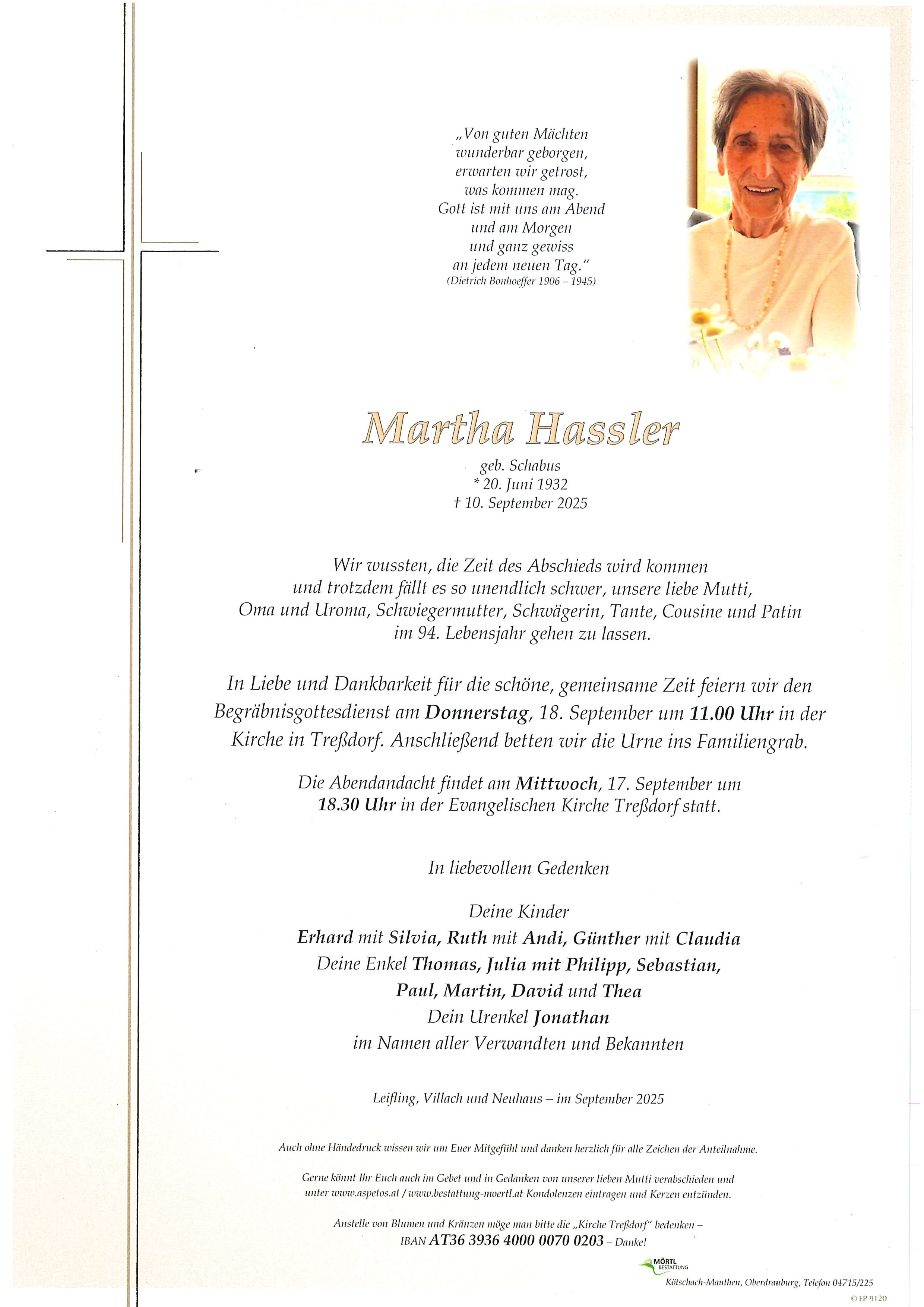 Traueranzeige von Martha Hassler