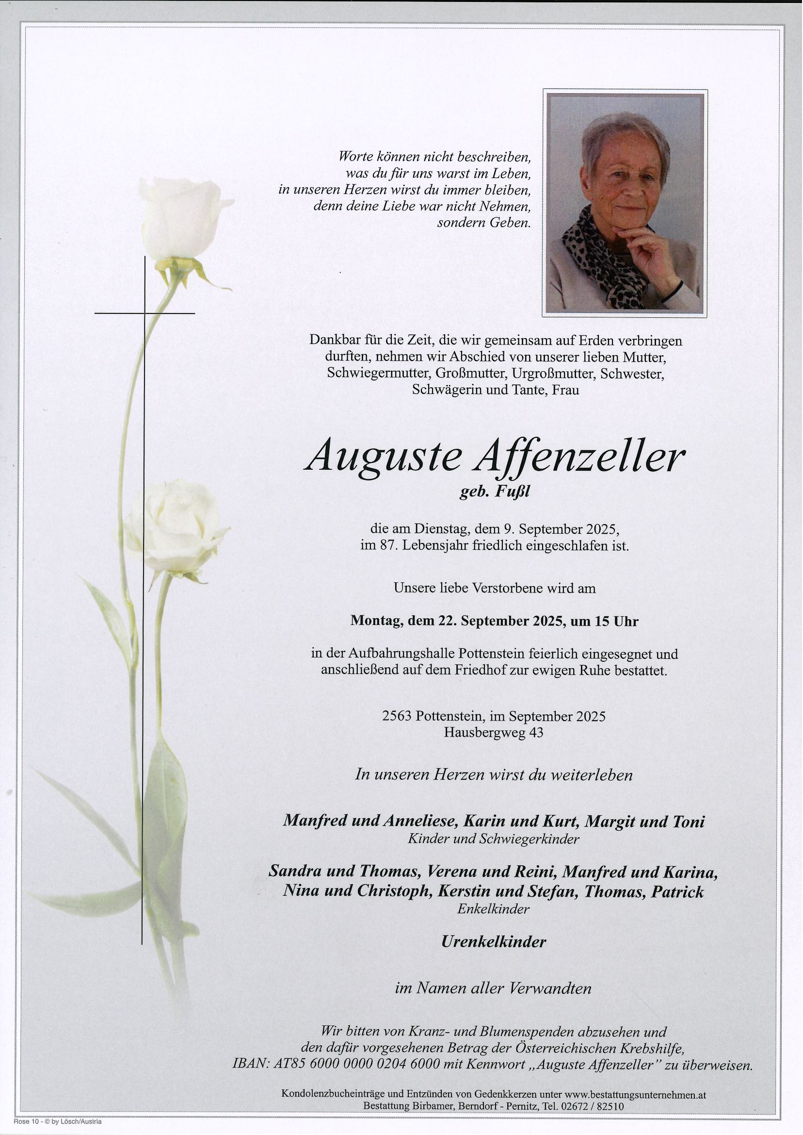 Traueranzeige von Auguste Affenzeller