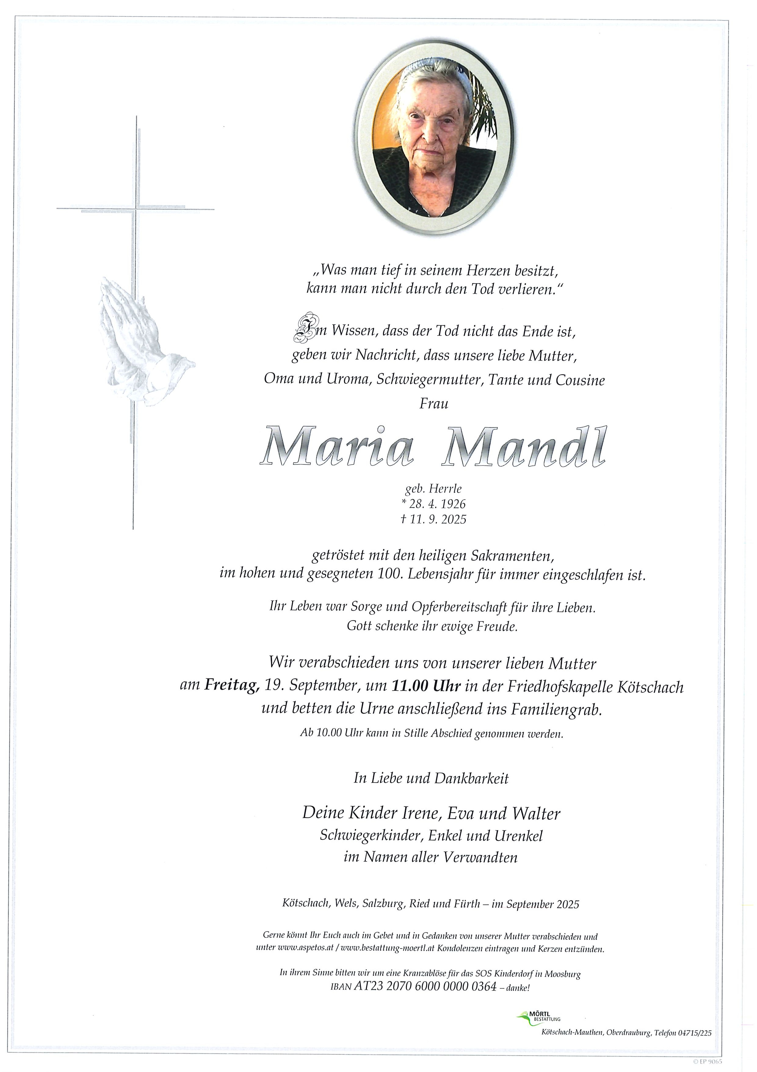 Traueranzeige von Maria Mandl