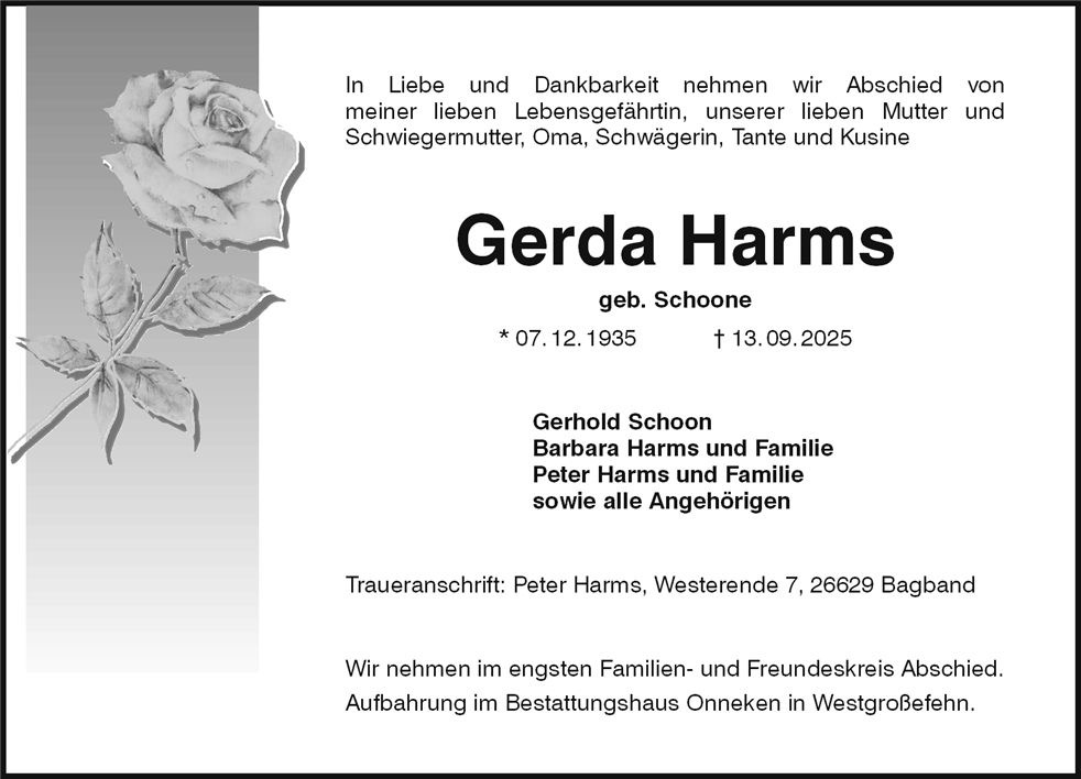 Traueranzeige von Gerda Harms