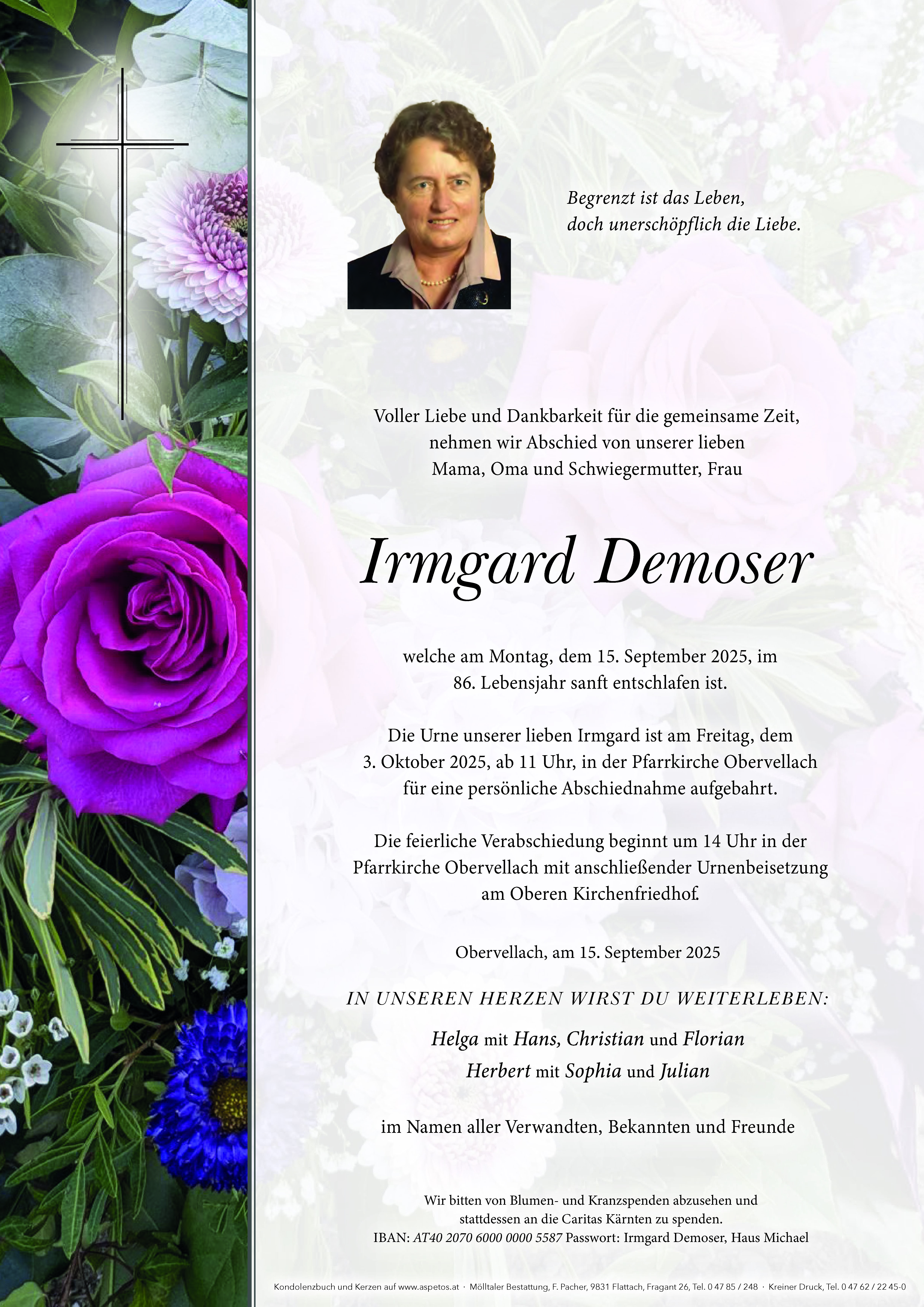 Traueranzeige von Irmgard Demoser
