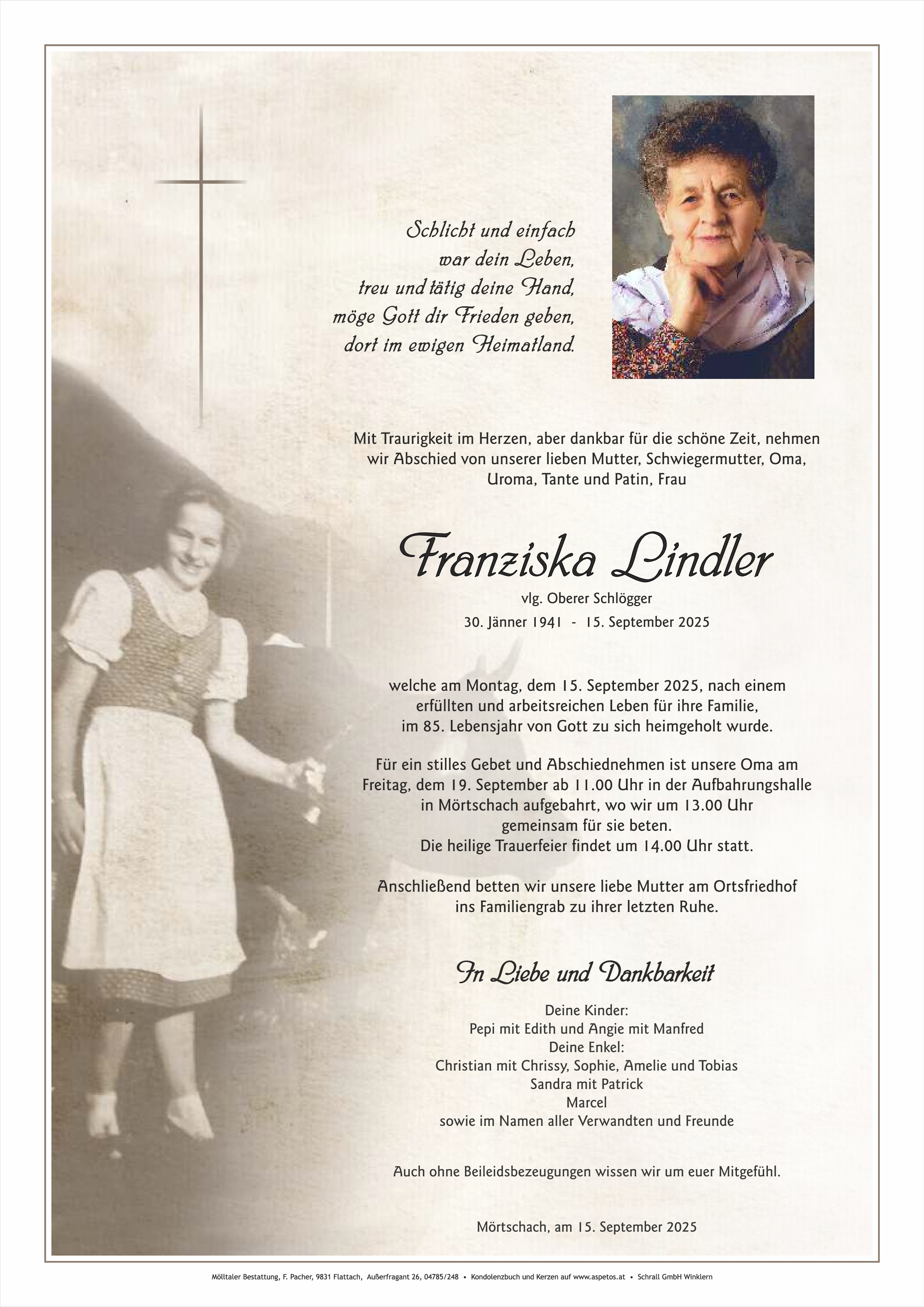 Traueranzeige von Franziska Lindler